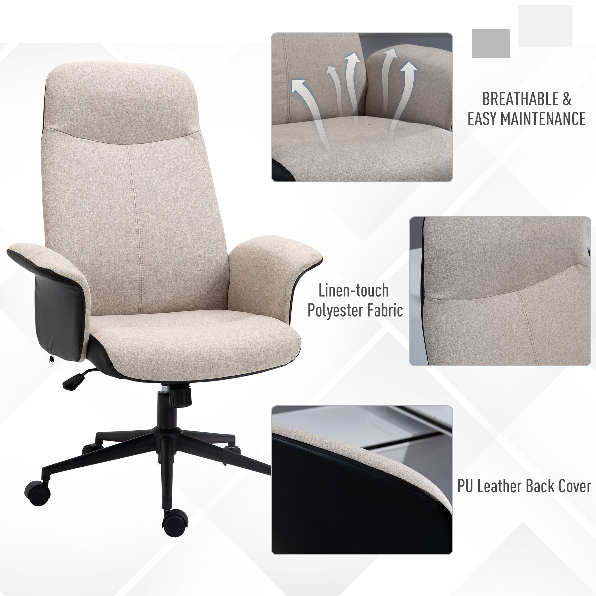 Vinsetto Office Chair, Linen Fabric Desk Chair, Comfortable Computer Chair with Adjustable Height, Padded Armrests and Swivel Wheels, Beige - anydaydirect