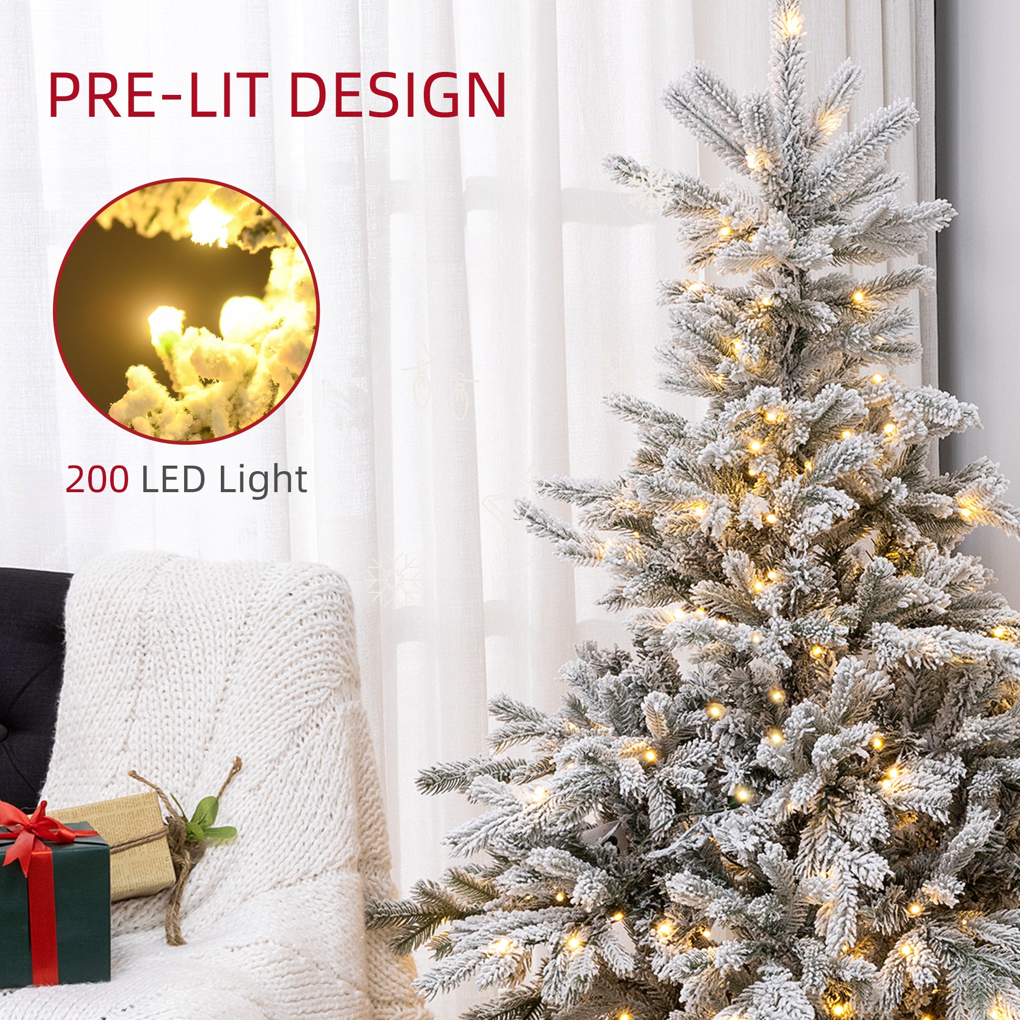HOMCOM 5ft Prelit Snow Flocked Artificial Christmas Tree with Warm White LED Light and 931 Tips, Metal Base, Snowy Realistic Xmas Tree - anydaydirect