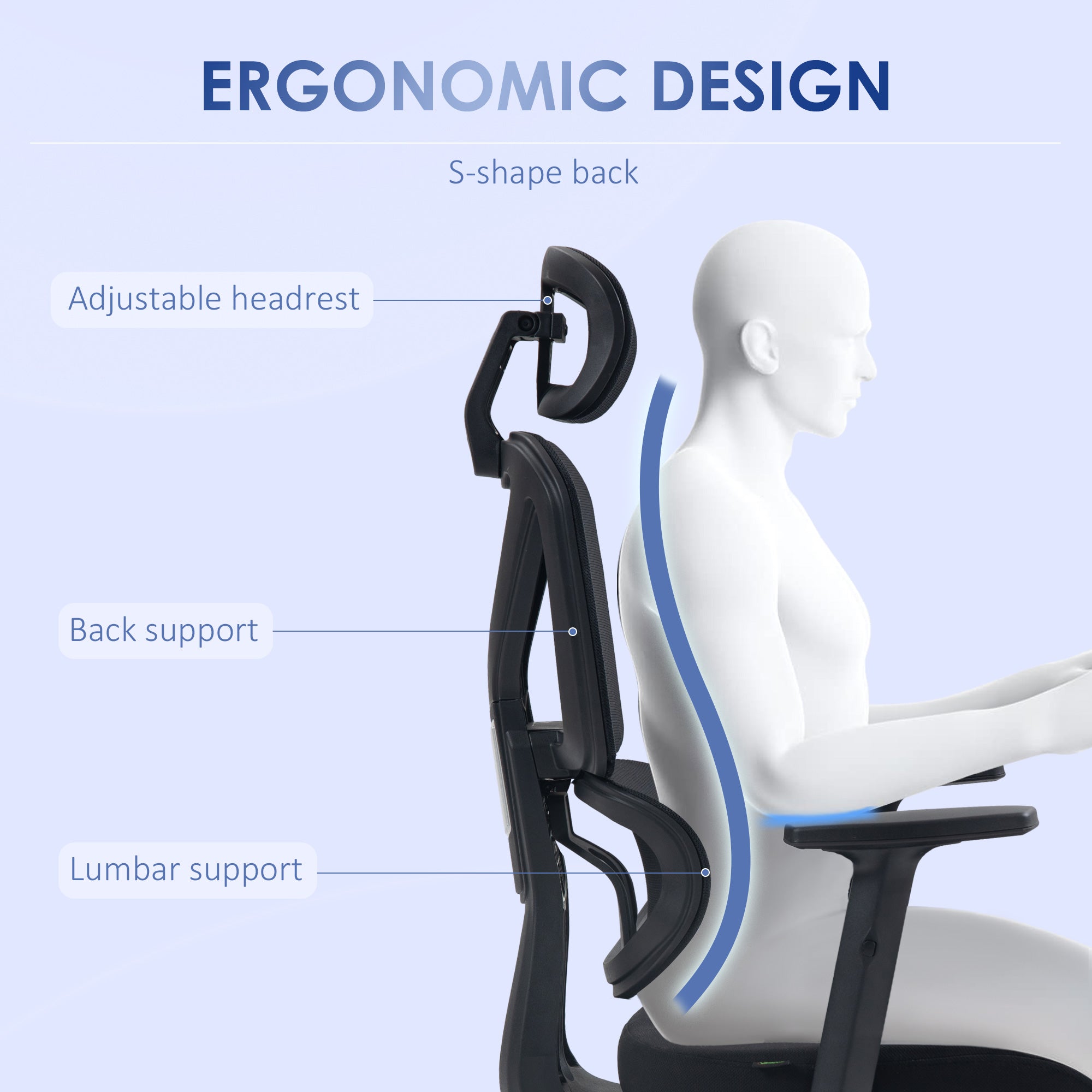 Vinsetto Mesh Office Chair, Height Adjustable Desk Chair with Lumbar Support, Swivel Wheels and Adjustable Headrest, Black - anydaydirect