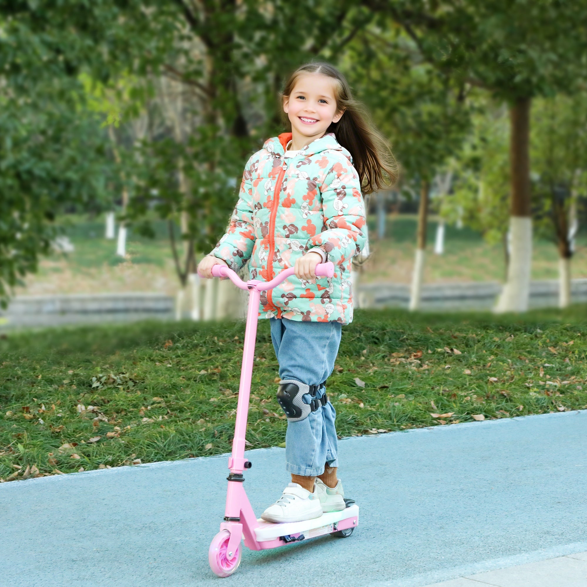 AIYAPLAY Electric Scooter for Kids Ages 4-7, with Auxiliary Rear Wheels, Flashing LED Light and Electric Brake, Kids Electric Scooter for Boys Girls, 6 KM/H & 8 KM, Pink - anydaydirect