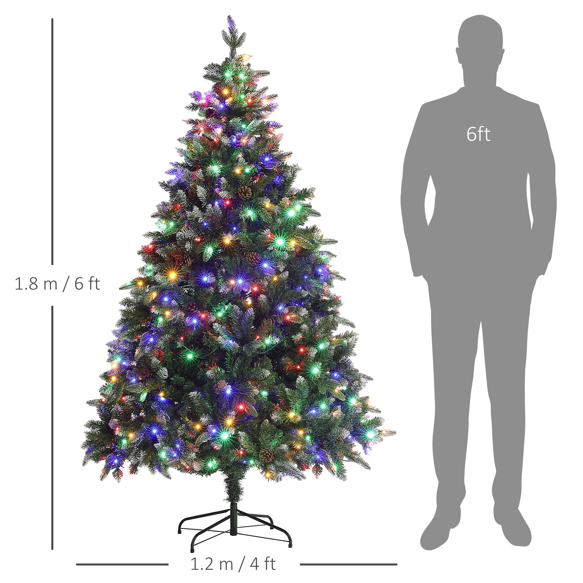 HOMCOM 6ft Prelit Artificial Christmas Tree with Dual Colour LED Light and 1078 Tips, Metal Base, Realistic Hinged Xmas Tree, Green - anydaydirect