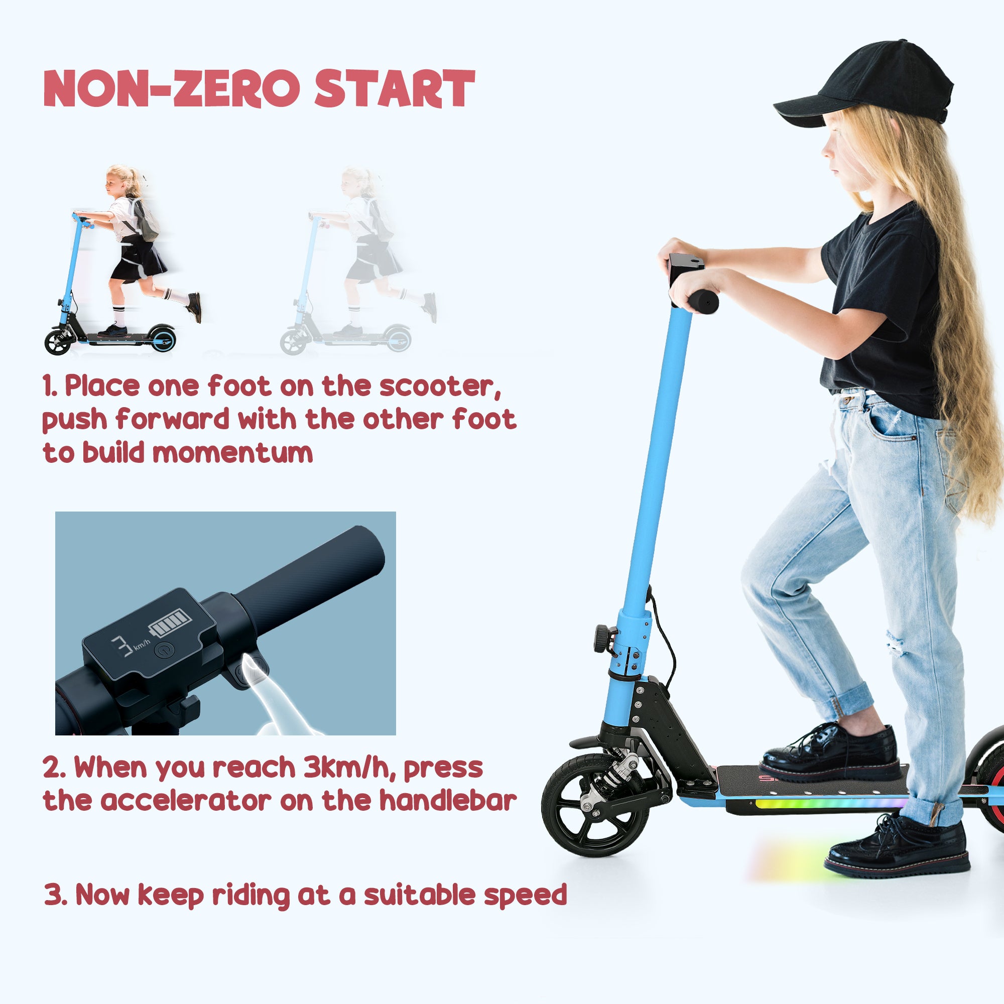 SPORTNOW Folding Electric Scooter for Kids Age 6-14 with Dual Brakes, Front Suspension, LED Colourful Lights and Display, 6.8kg Lightweight Aluminium E Scooter, Up to 14 KM/H & 6 KM, Blue - anydaydirect