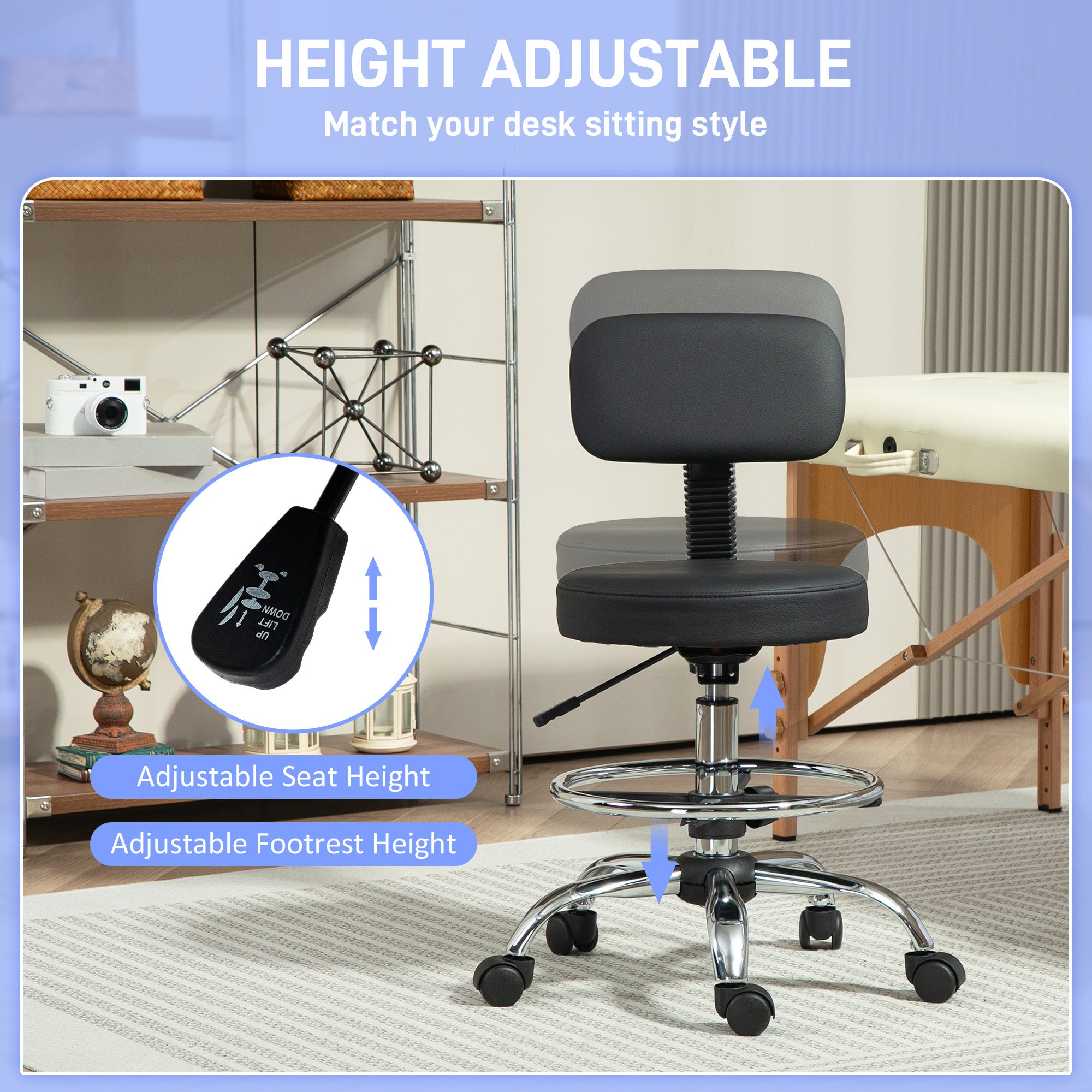 HOMCOM Drafting Chair, Office Chair with Backrest and Adjustable Footrest, Height Adjustable Stool, Leather Padded Rolling Task Chair for Home Office, Black - anydaydirect