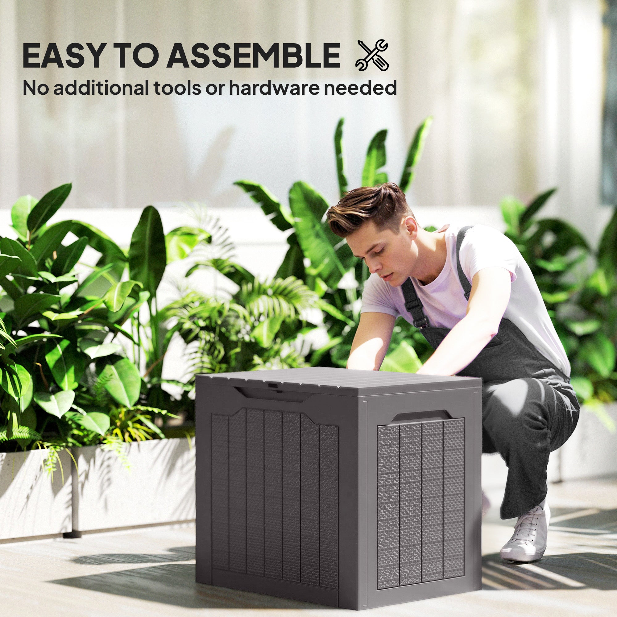 Outsunny 93L Plastic Garden Storage Box, Outdoor Storage Box with Handles, Waterproof Outdoor Storage Container, Brown - anydaydirect