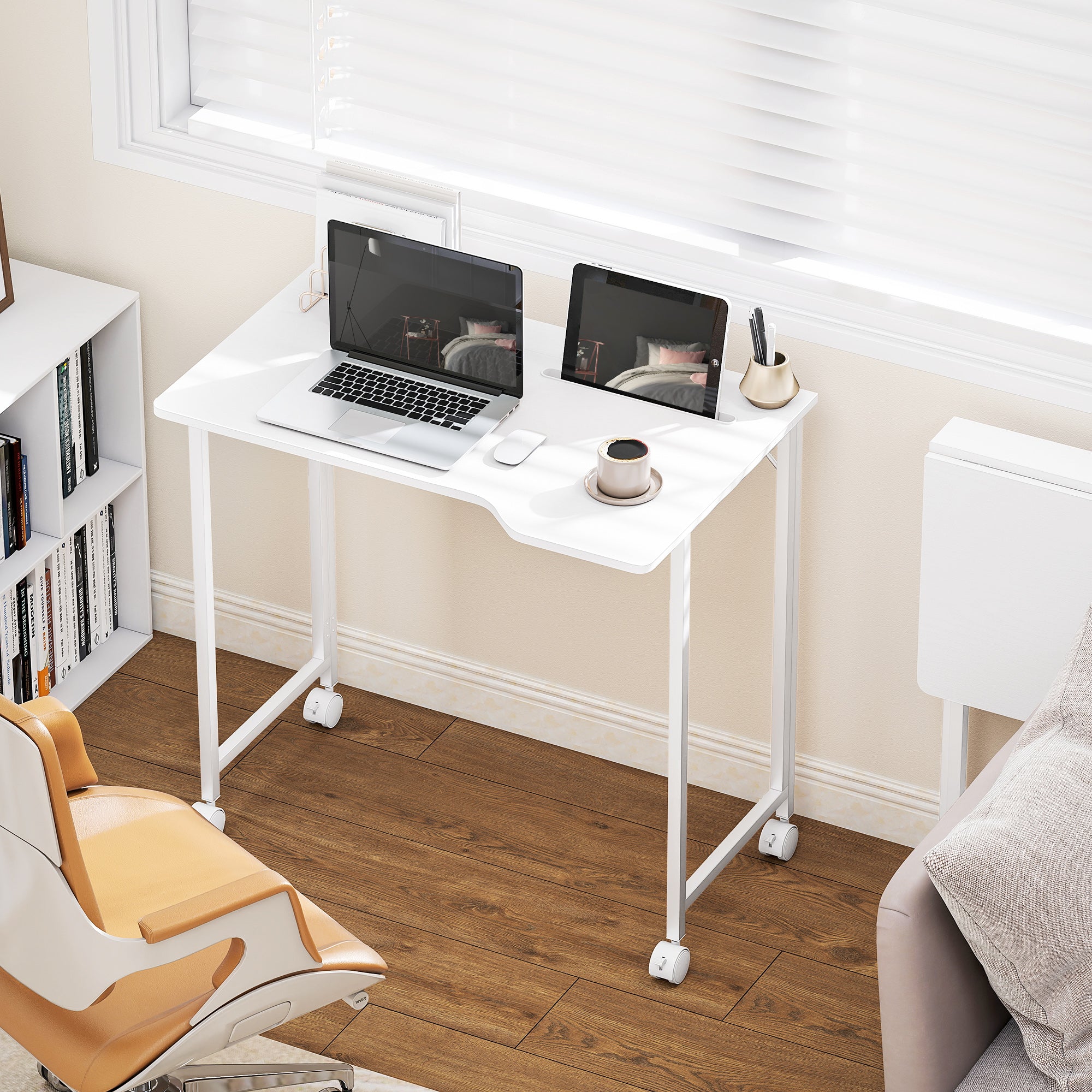 HOMCOM Small Folding Desk, with Wheels - White Wood-Effect - anydaydirect