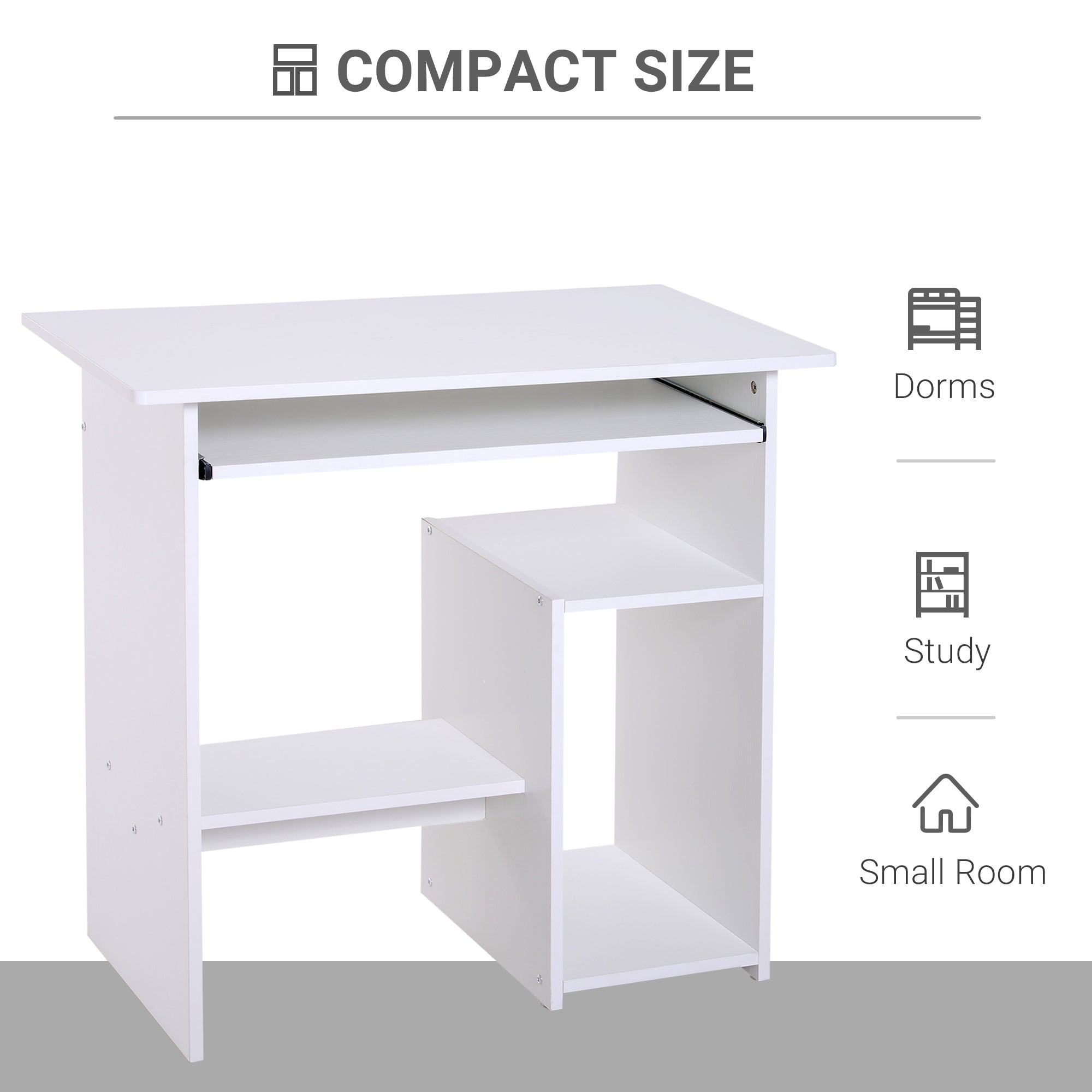 HOMCOM Compact Small Computer Table Wooden Desk Keyboard Tray Storage Shelf Modern Corner Table Home Office White - anydaydirect