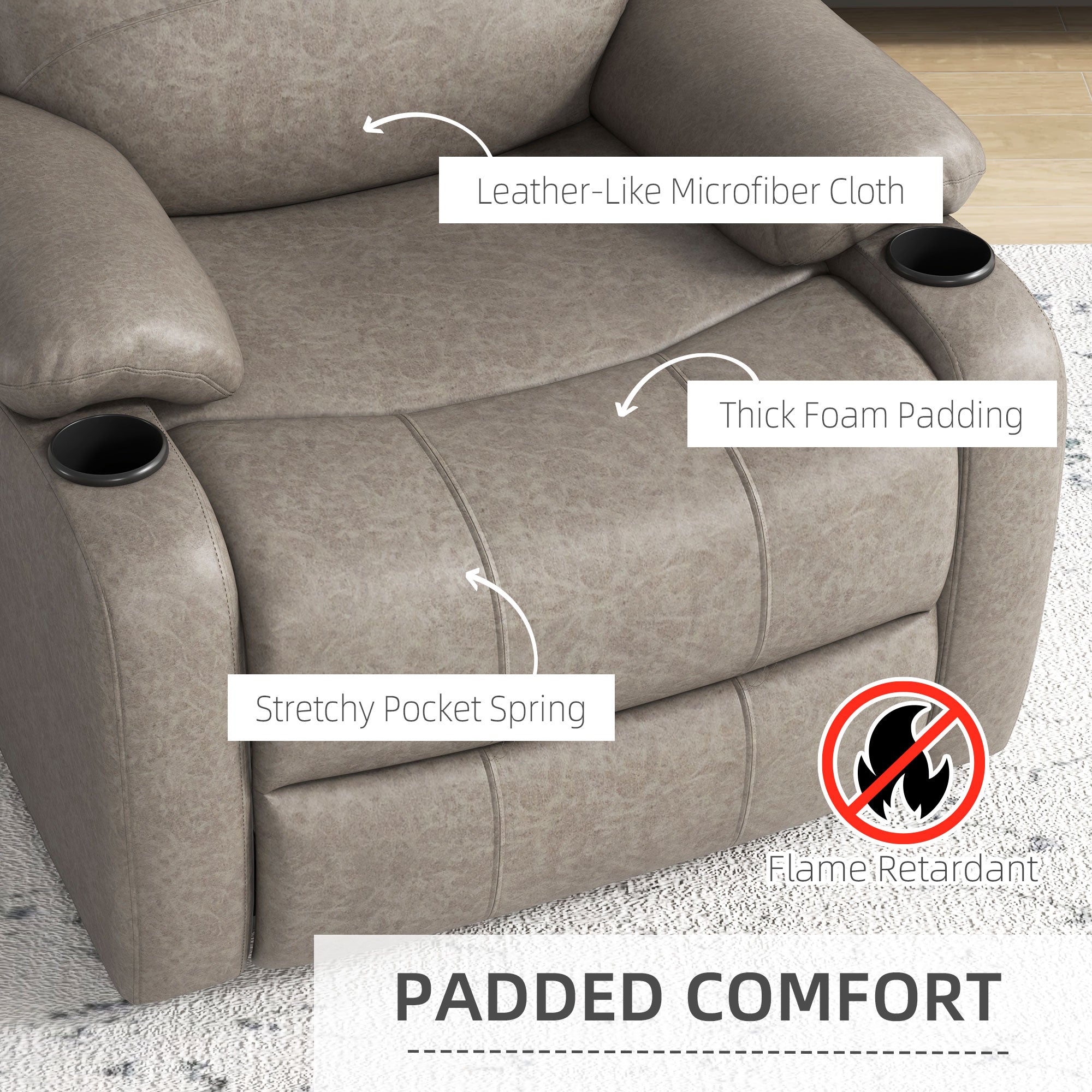 HOMCOM Recliner Chair, Microfibre Reclining Chair with Adjustable Leg Rest, Cup Holders, Recliner Armchair for Home Living Room, Brown - anydaydirect