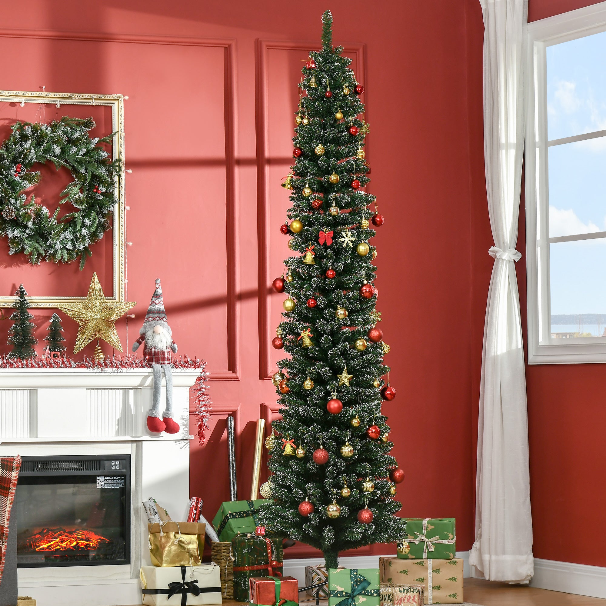HOMCOM 7.5FT Artificial Christmas Tree Snow Dipped Xmas Pencil Tree Holiday Home Indoor Decoration with Foldable Black Stand, Green - anydaydirect