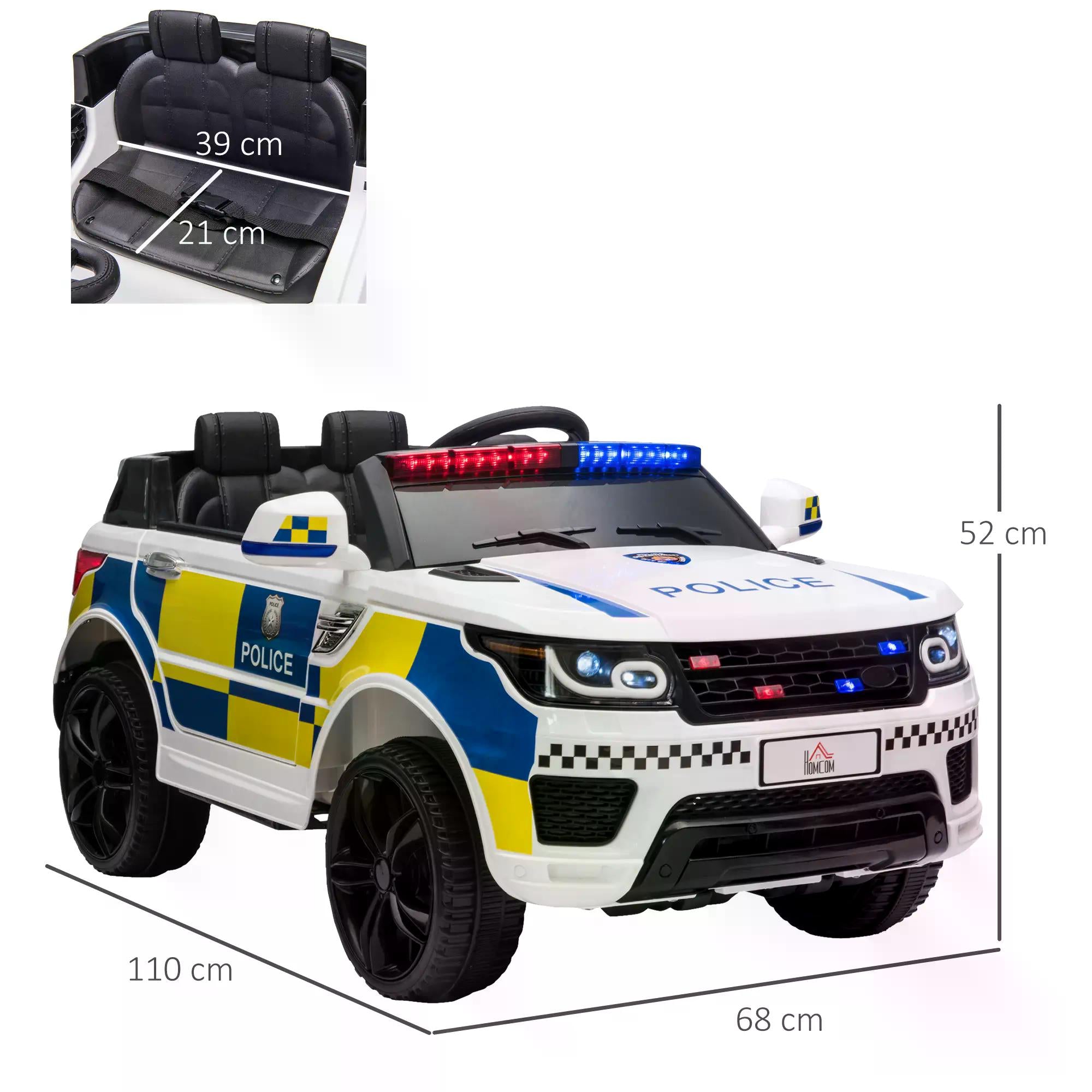 HOMCOM 12V Kids Portable Electric Ride On Police Car with Parental Remote Control Siren Flashing Lights USB Bluetooth for 3-6 Years White - anydaydirect