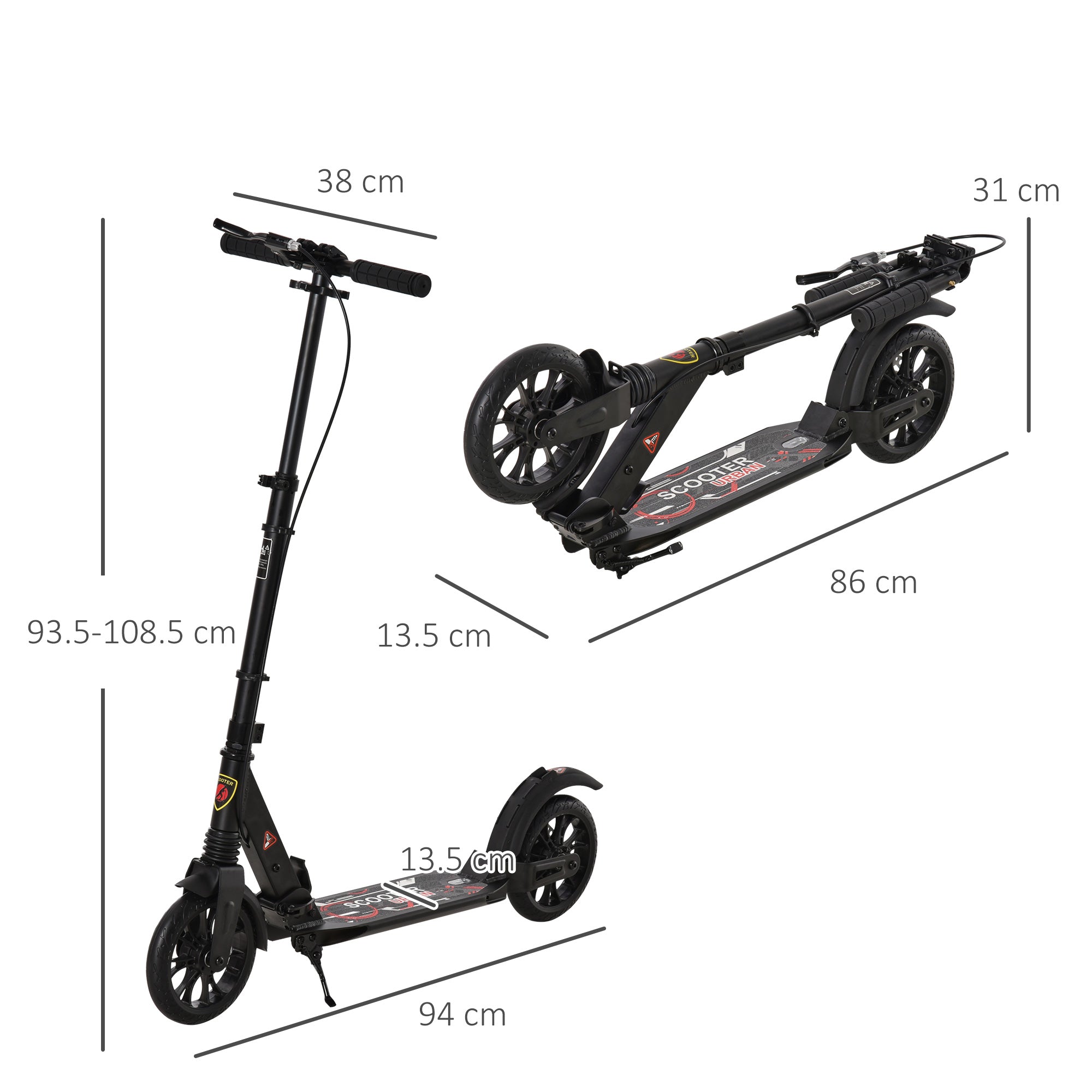 HOMCOM Adult Teens Kick Scooter Foldable Height Adjustable Aluminium Ride On Toy for 14+ w/ Rear Wheel & Hand Brake, 200mm Big Wheels, Shock Mitigation System - Black - anydaydirect