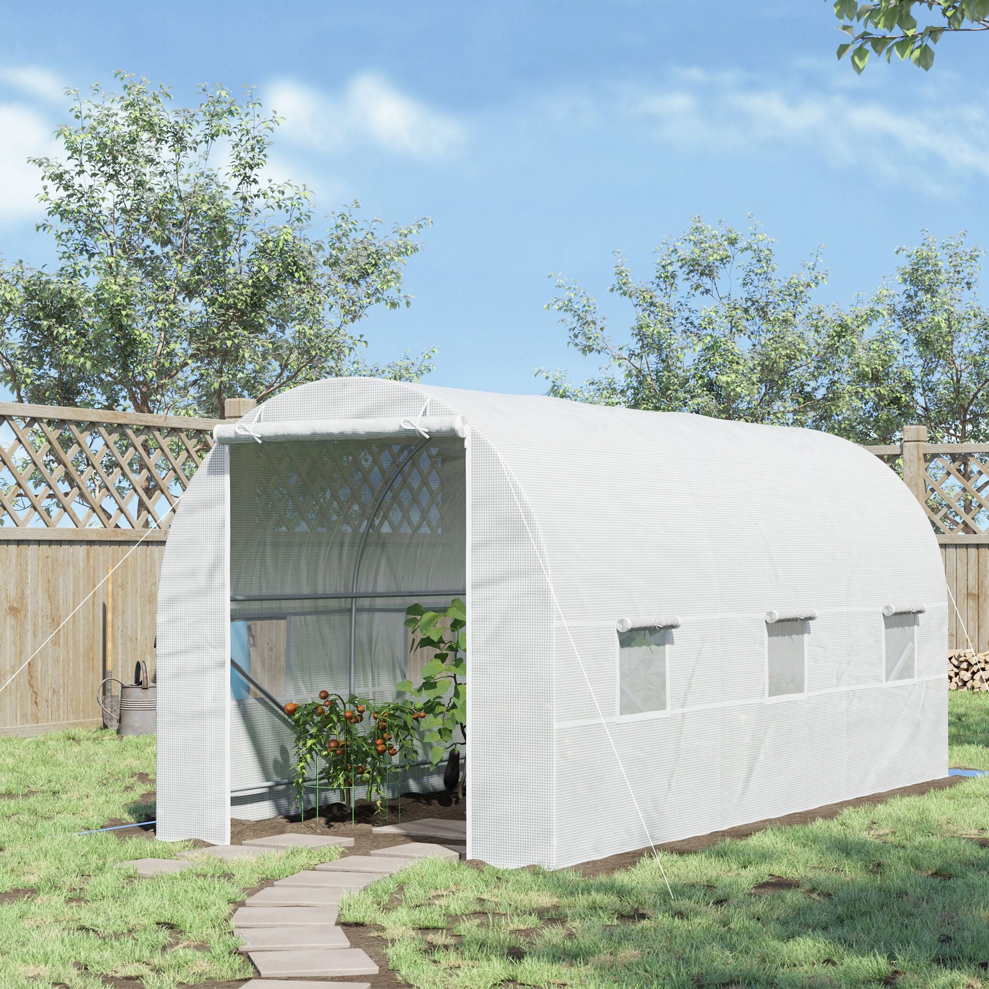 Outsunny 4.5 x 2 x 2 m Polytunnel Greenhouse, Walk-in Green House for Garden with Mesh Windows, Galvanised Steel Frame, White - anydaydirect