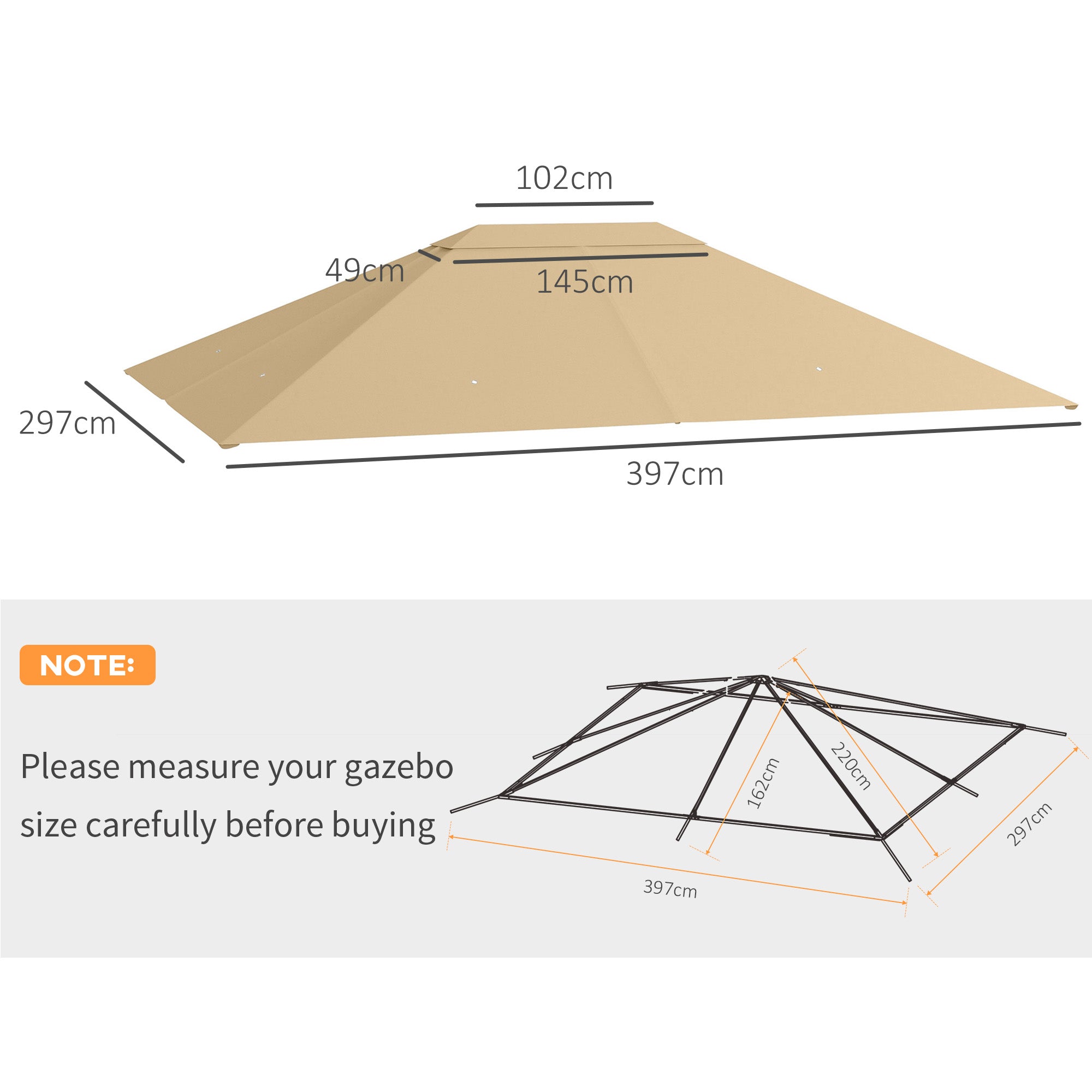 Outsunny 3 x 4m Gazebo Canopy Replacement Cover, Gazebo Roof Replacement (TOP COVER ONLY), Khaki - anydaydirect