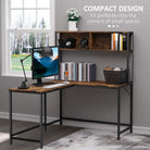 HOMCOM Reversible L Shaped Desk with Hutch, Industrial Computer Desk, Corner Desk with Storage Compartments and Steel Frame for Home Office, Study, 140 x 125cm, Brown - anydaydirect