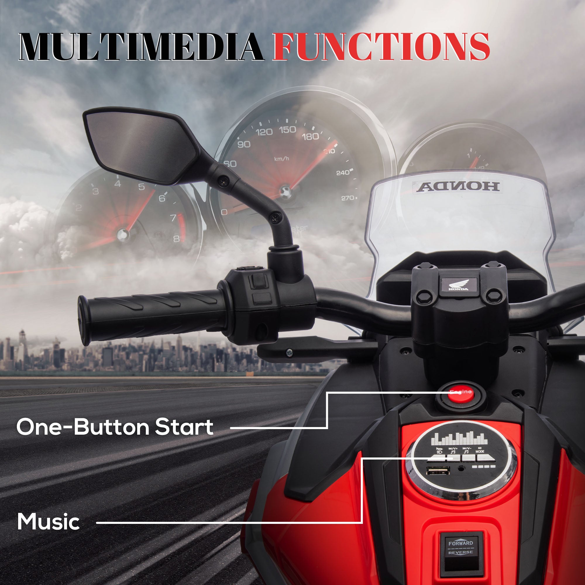 AIYAPLAY 12V Honda Licensed Kids Electric Motorbike w/ Music, Headlights, Early Education Function, for 3-6 Years - Red - anydaydirect