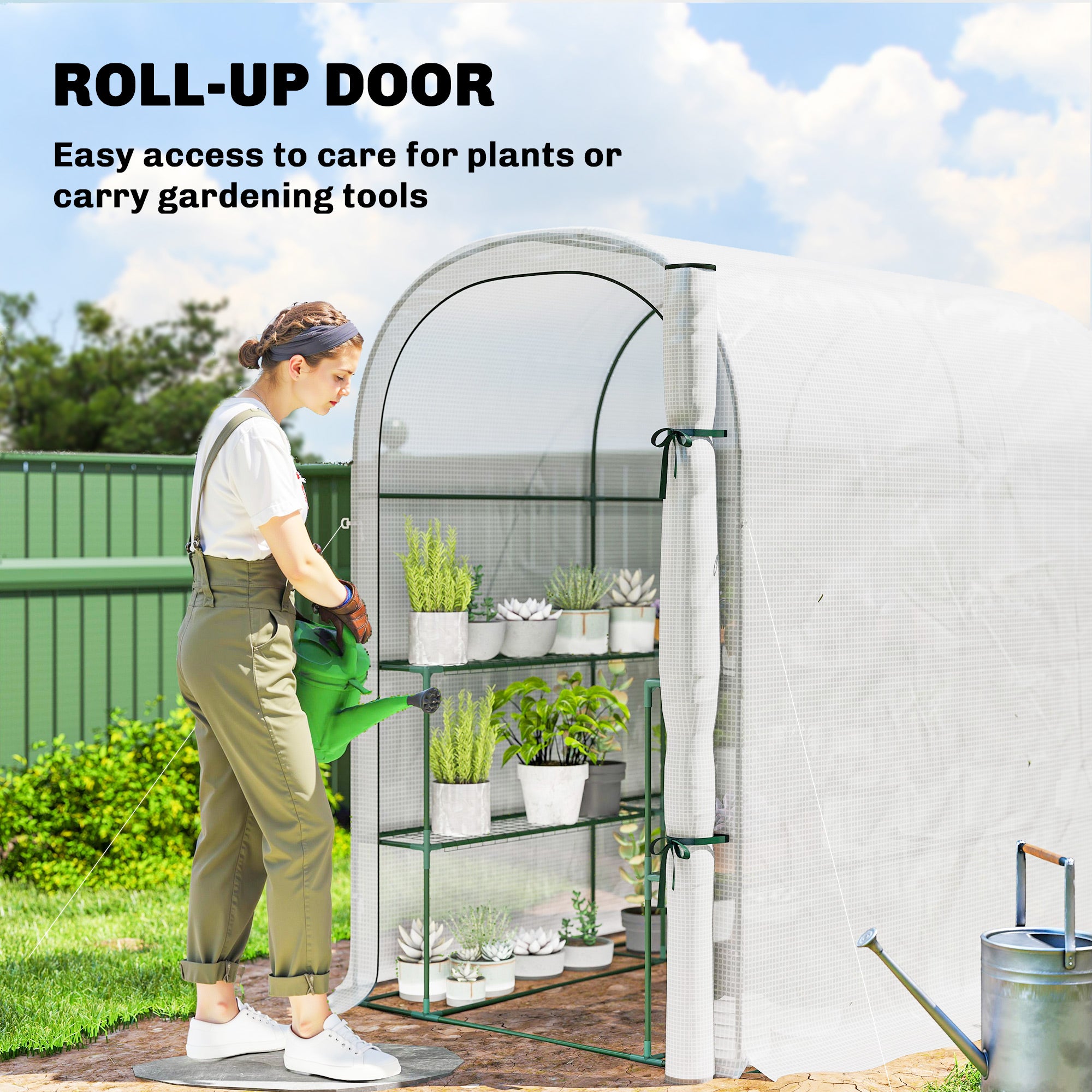 Outsunny Walk-in Greenhouse with Shelves, Small Greenhouse with PE Cover and Roll-up Door, 123 x 187 x 189 cm, White - anydaydirect