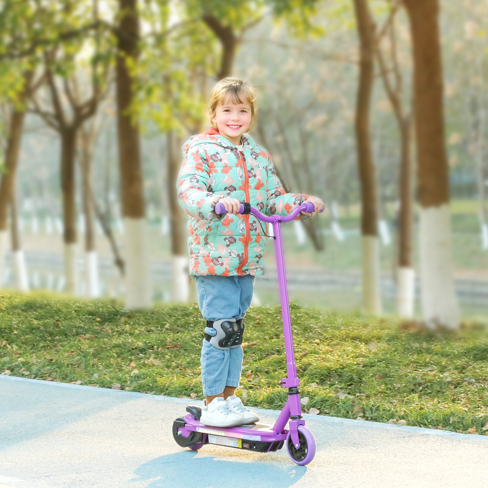 AIYAPLAY Electric Scooter for Ages 6-14, with Colourful Light and Electric Brake, Electric Scooter E Scooter, Up to 10 KM/H & 8 KM, Purple - anydaydirect