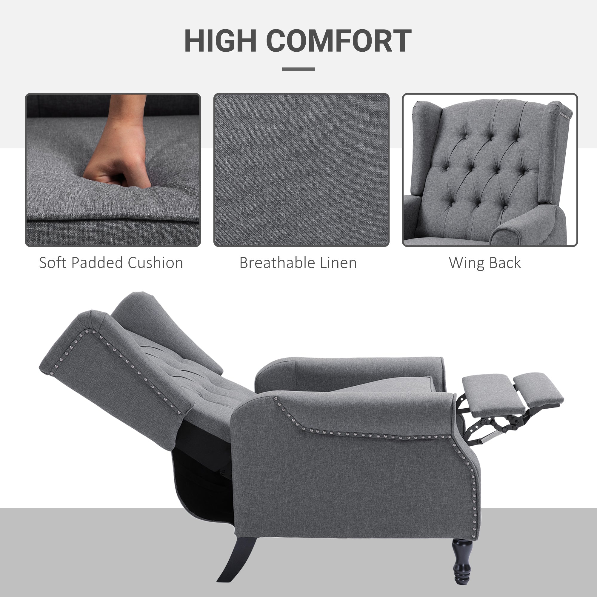 HOMCOM Recliner Armchair, Vintage Reclining Chair with Nail Head Trim, Wingback Chair with Button Tufted Back and Footrest, for Living Room, Grey - anydaydirect