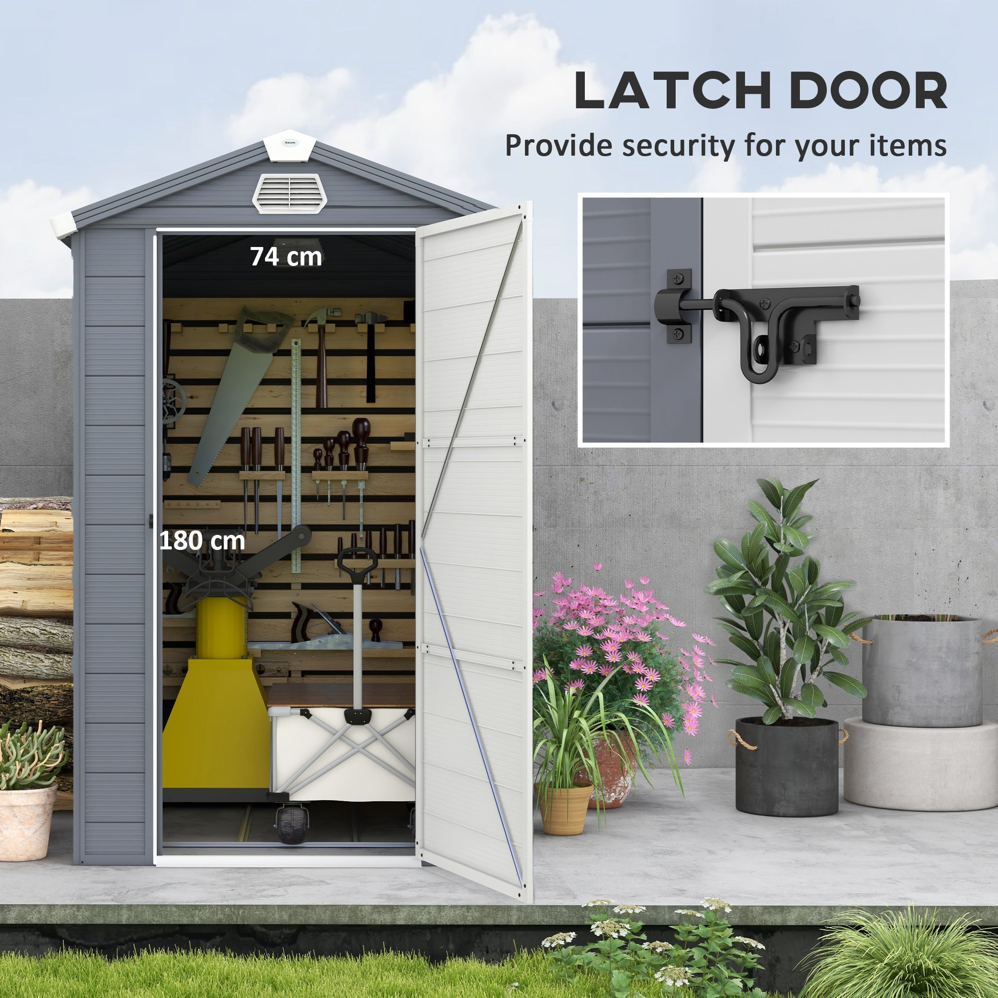 Outsunny 4 x 6ft Garden Shed with Foundation Kit, Polypropylene Outdoor Storage Tool House with Ventilation Slots and Lockable Door, Grey - anydaydirect