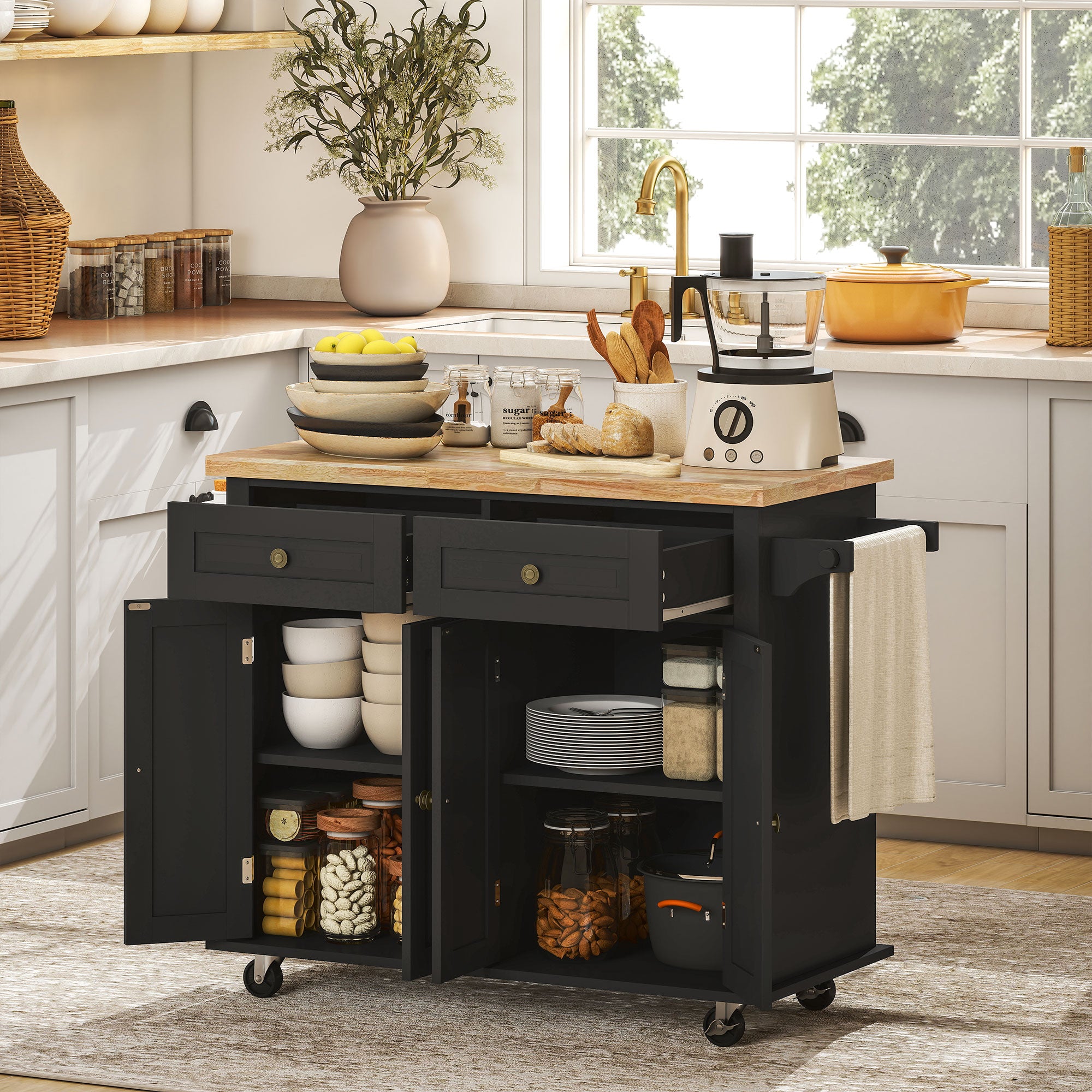 HOMCOM Rolling Kitchen Island Storage Trolley with Rubber Wood Top & Drawers for Dining Room, Black - anydaydirect
