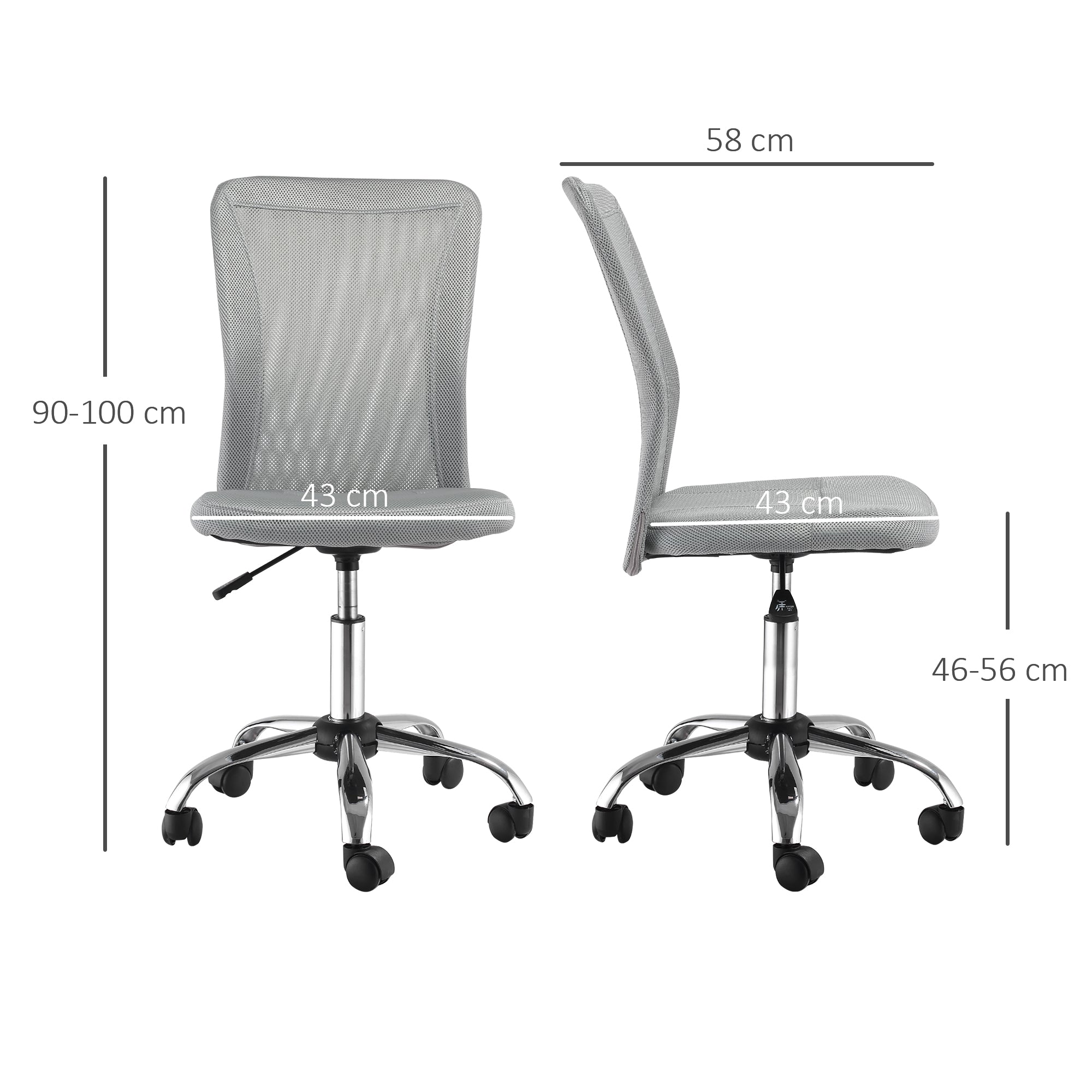 Vinsetto Office Chair, Armless Desk Chair, Adjustable Computer Swivel Chair with Rolling Wheels and Mesh Back for Home Work Study, Grey - anydaydirect