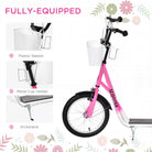HOMCOM Kids Kick Scooter Teen Ride On Children Scooter with Adjustable Handlebar 2 Brakes Basket Cupholder Mudguard 16" Inflatable Rubber Tyres Pink - anydaydirect