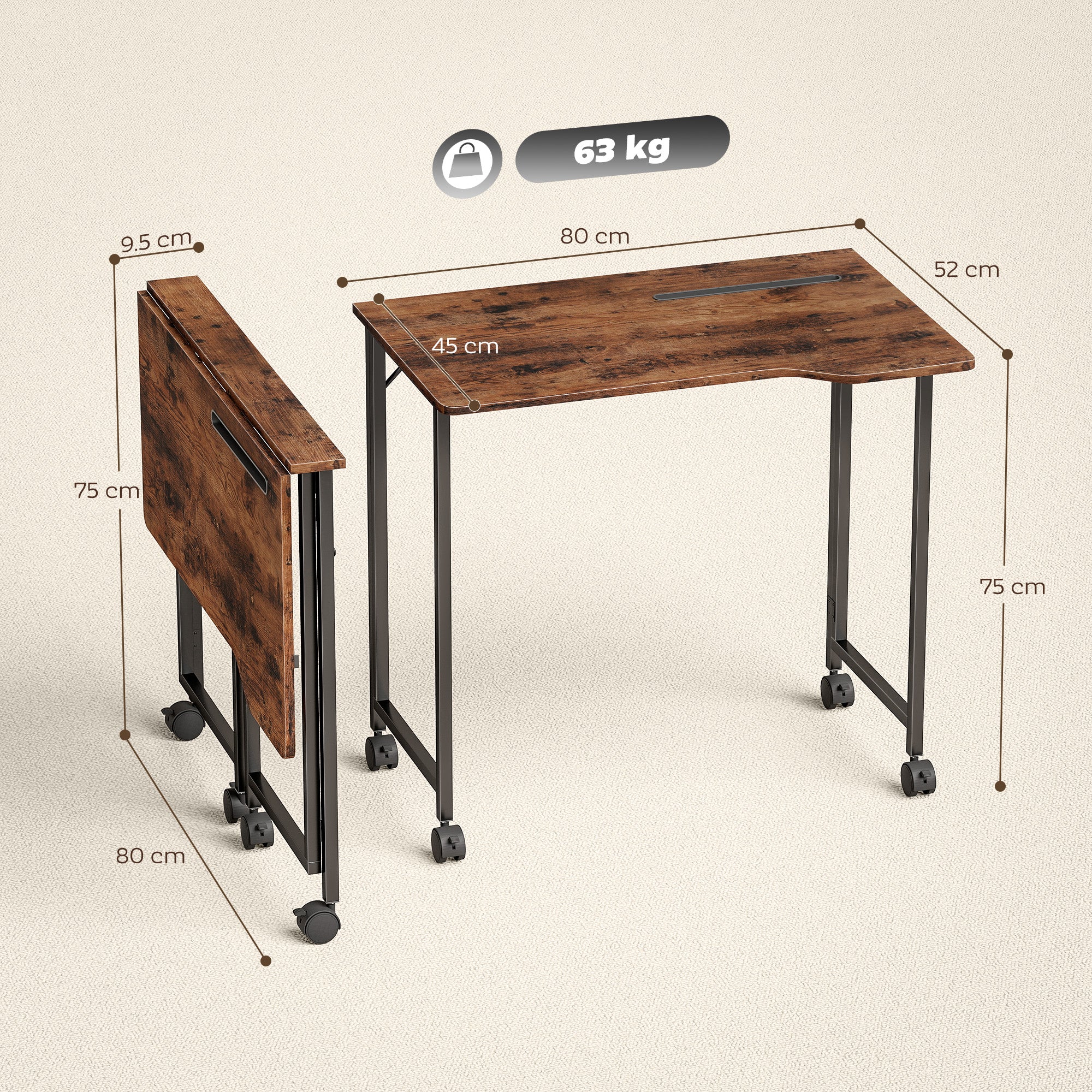 HOMCOM Folding Small Desk on Wheels - Rustic Brown - anydaydirect