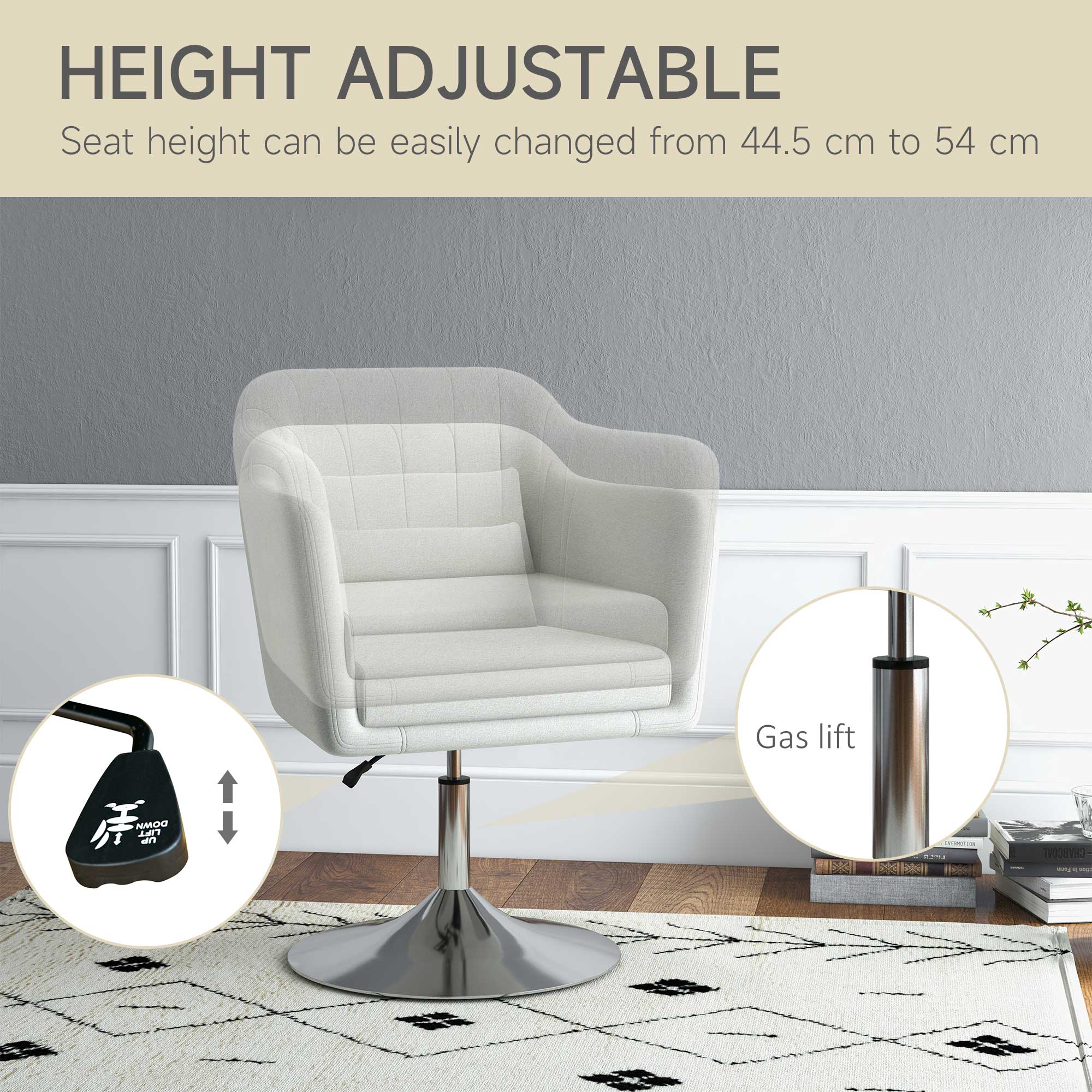 HOMCOM Modern Accent Chair with Swivel Base, Height Adjustable Arm Chair with Pillow for Living Room, Bedroom, Cream White - anydaydirect