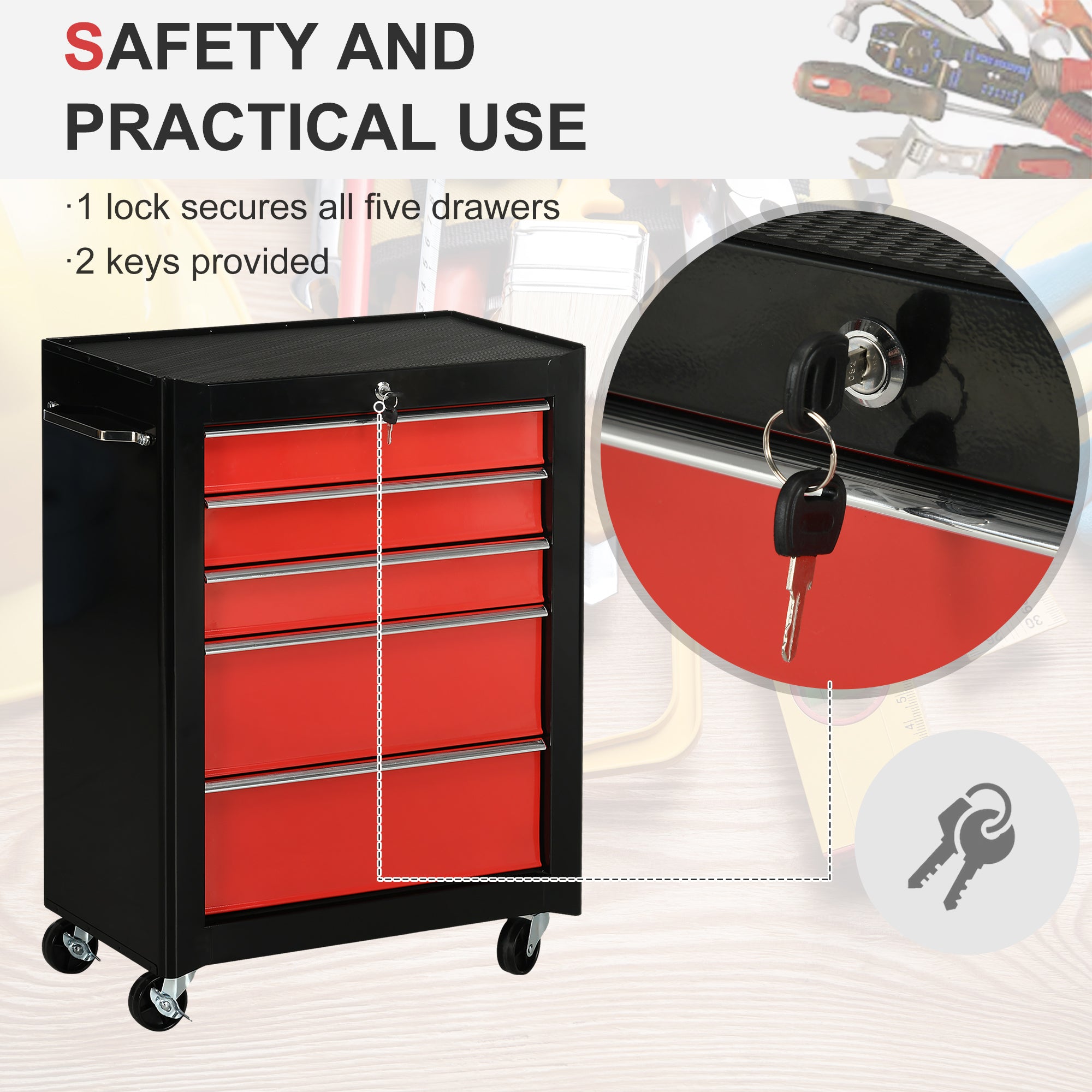 HOMCOM 5-Drawer Tool Chest, Lockable Steel Tool Storage Cabinet with Wheels and Handle Tool Box for Garage, Workshop, Red - anydaydirect