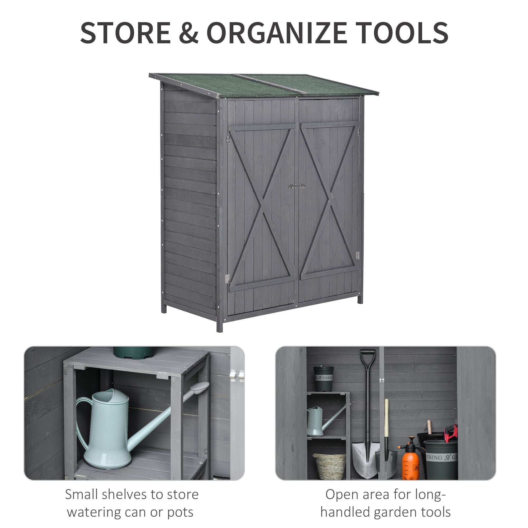 Outsunny Wooden Garden Storage Shed Lockable Tool Cabinet Organizer w/ Storage Table, Double Door, 139 x 75 x 160 cm, Grey - anydaydirect