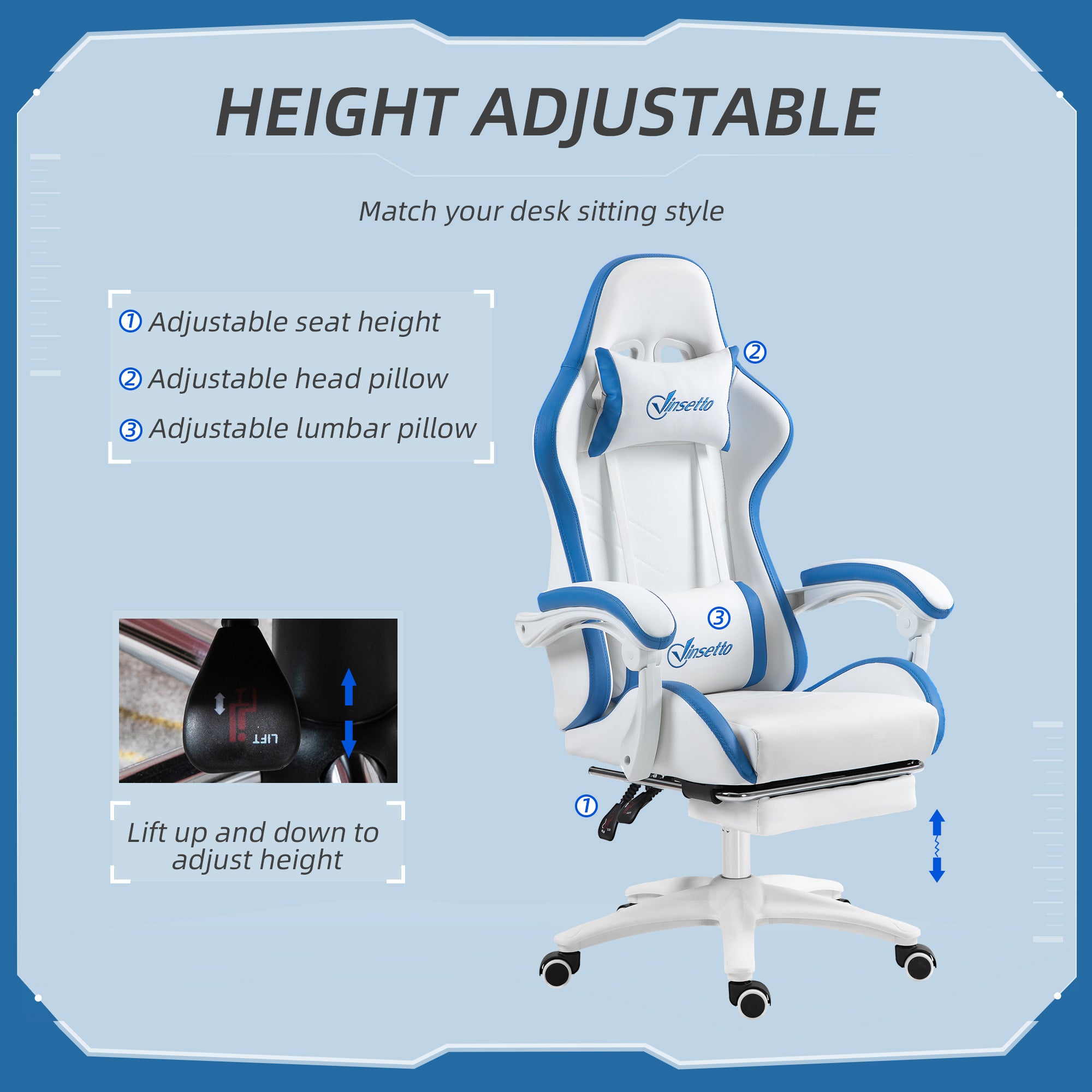 Vinsetto Computer Gaming Chair, PU Leather Desk Chair with Footrest, Swivel Task Chair with 135° Reclining Back and Lumbar Support, PC Chair for Adults, White and Blue - anydaydirect