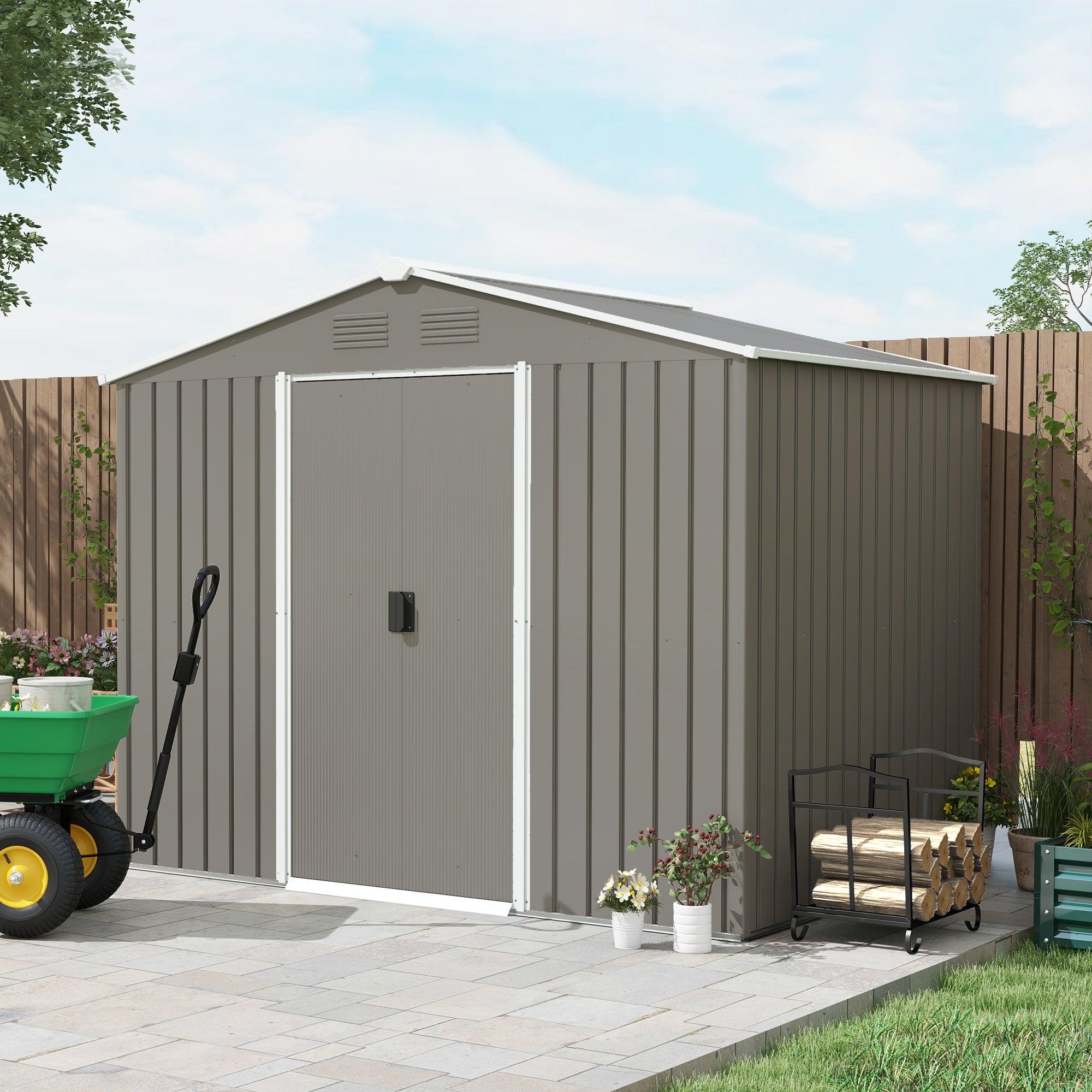 Outsunny 8 x 6ft Outdoor Garden Storage Shed, Metal Tool House with Ventilation and Sliding Doors, Light Grey - anydaydirect