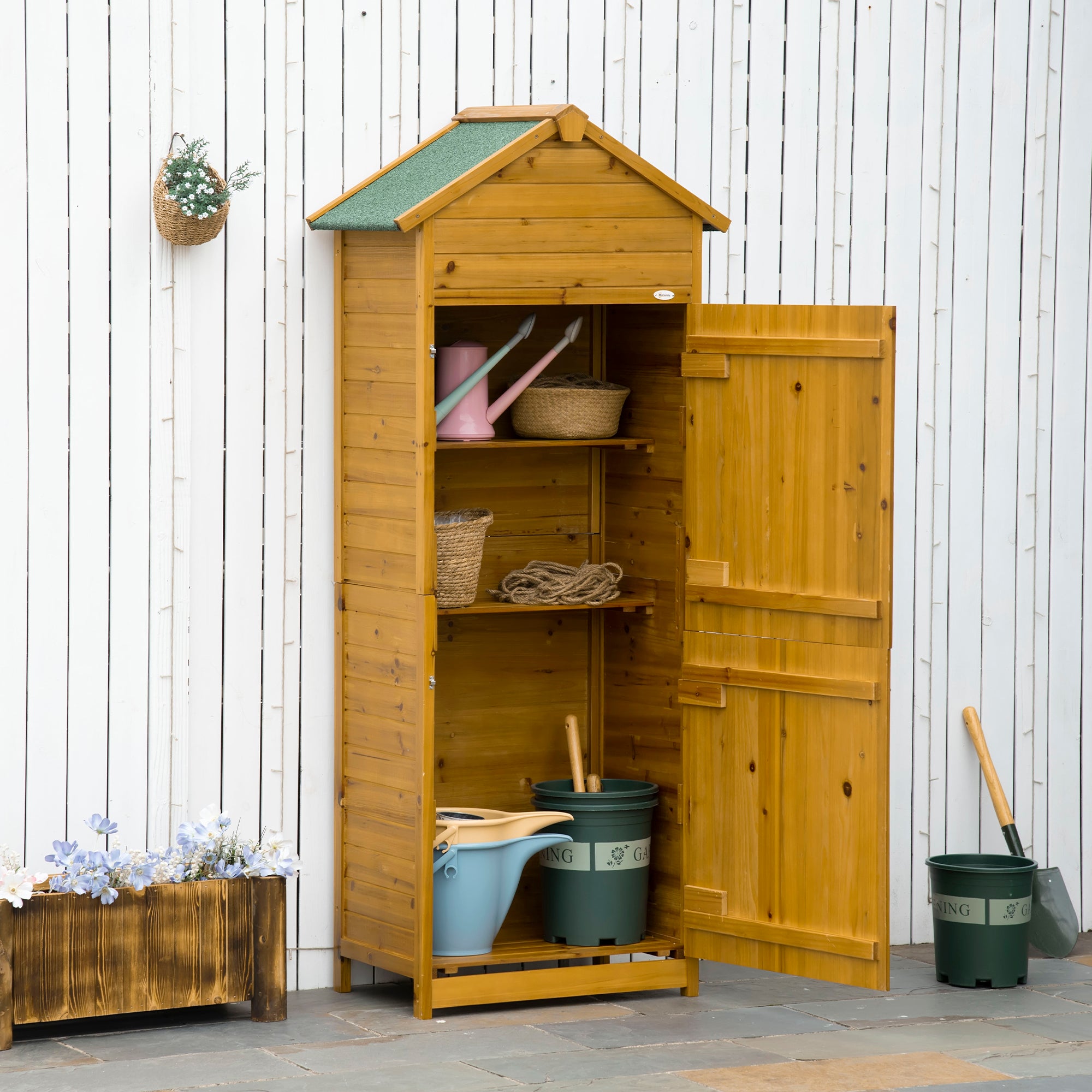 Outsunny Wooden Garden Storage Shed Utility Gardener Cabinet w/ 3 Shelves and 2 Door, 191.5cm x 79cm x 49cm, Natural Wood Effect - anydaydirect