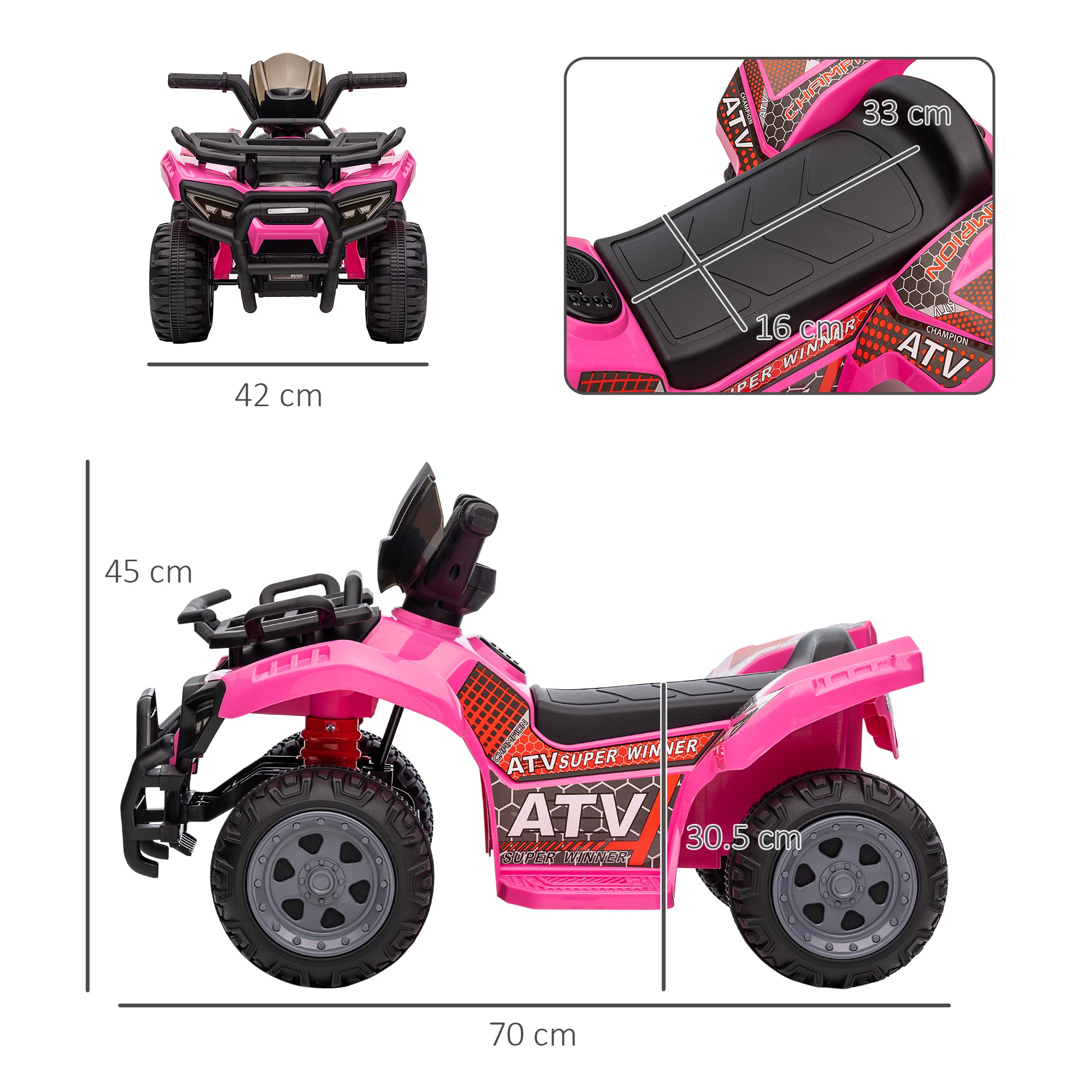 HOMCOM Kids Electric ATV Ride-On Toy, 6V Battery-Powered Quad Bike with Working Headlights, for Toddlers 18-36 Months, Pink - anydaydirect