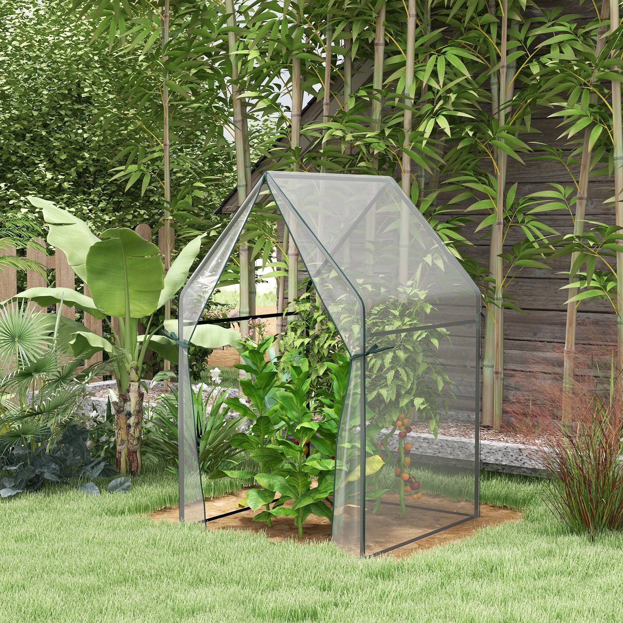 Outsunny Small Greenhouse, Garden Tomato Growhouse with 2 Zipped Doors, Portable Indoor Outdoor Green House, 90 x 90 x 145cm, Clear - anydaydirect