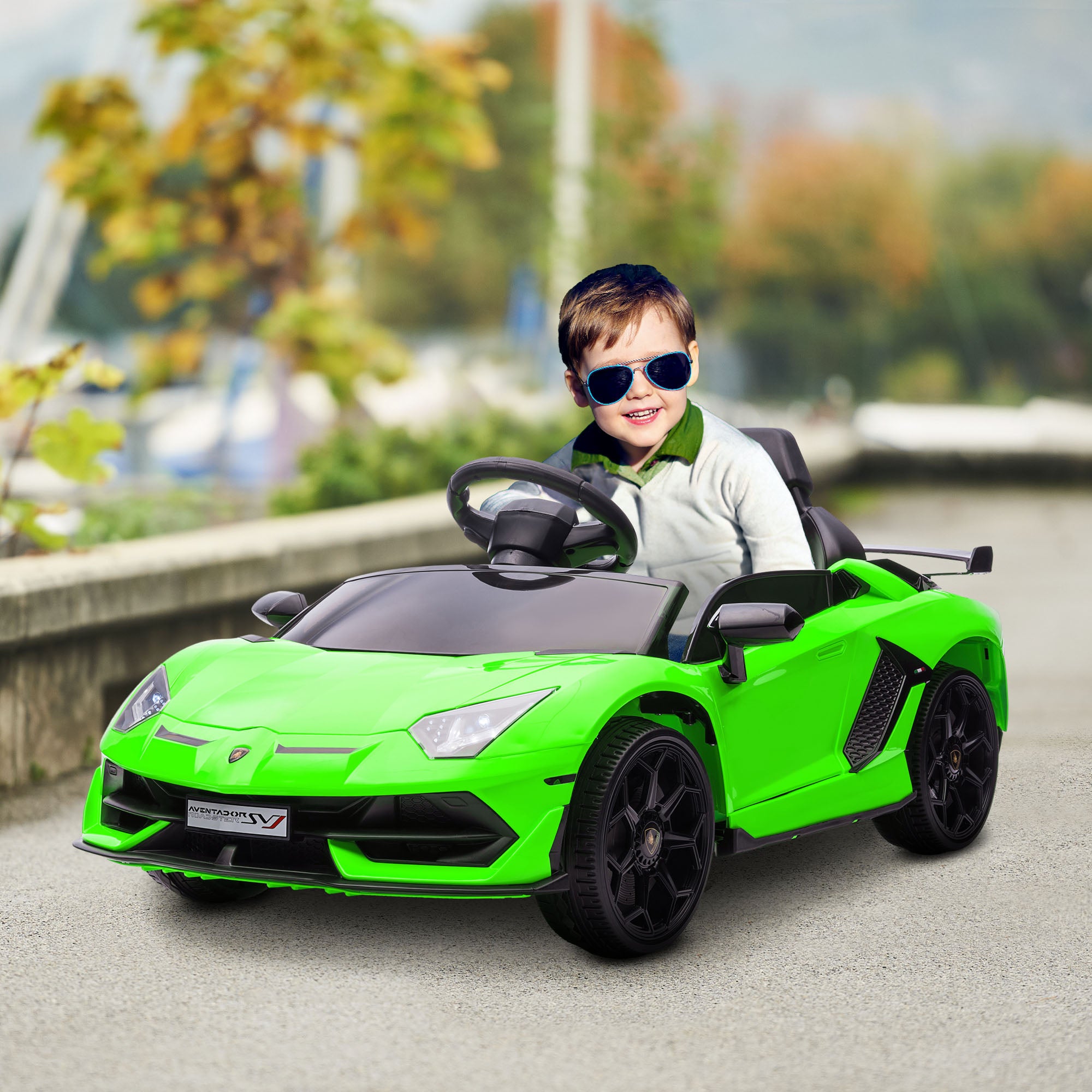 HOMCOM Lamborghini Licensed 12V Kids Electric Car w/ Butterfly Doors, Easy Transport Remote, Music, Horn, Suspension - Green - anydaydirect