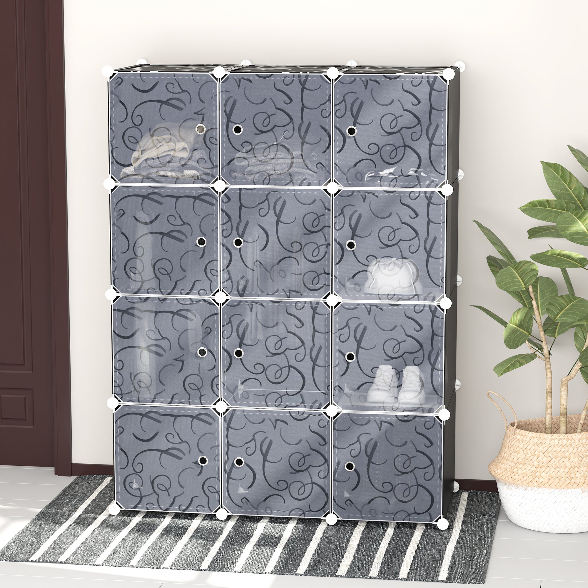 HOMCOM 16-Cube DIY Shoe Rack – Portable Interlocking Plastic Cabinet, Black & White, 95x37x160 Cm