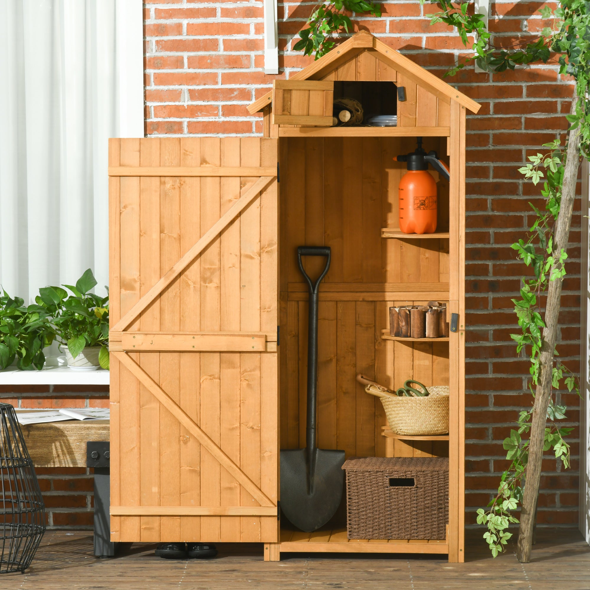 Outsunny Wooden Garden Storage Shed Vertical Tool Cabinet Organiser w/ Shelves, Lockable Door, 77 x 54.2 x 179 cm, Brown - anydaydirect