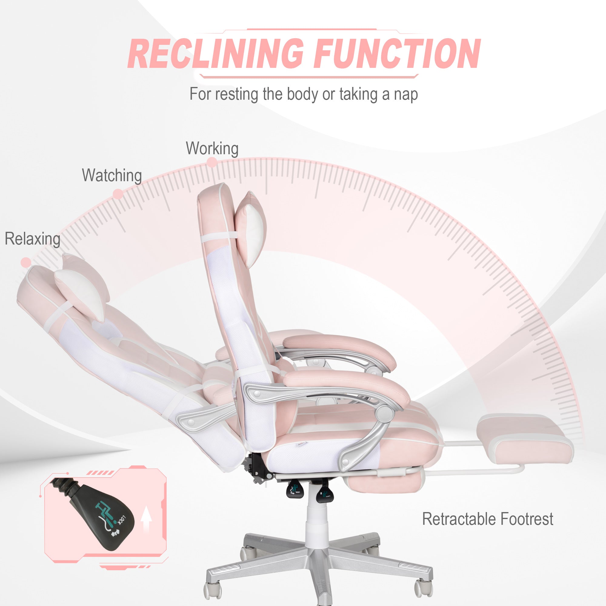 HOMCOM Faux Leather Reclining Gaming Chair, with Footrest - Pink/White - anydaydirect