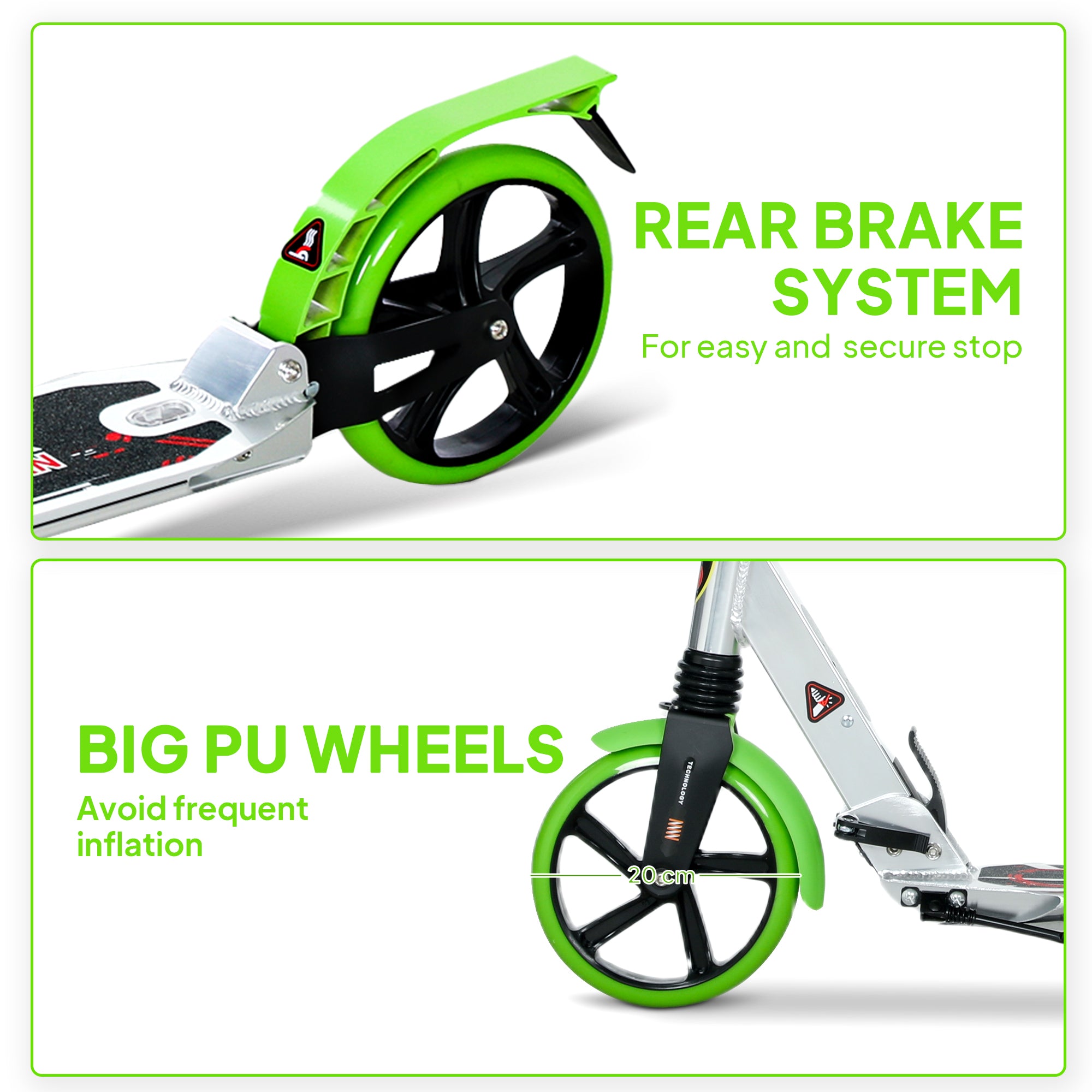HOMCOM Folding Kick Scooter, Adjustable Ride On Scooter with 200mm Big Wheels and Double Shock Absorption, Urban Scooter for 14+ Teens Adult, Green - anydaydirect