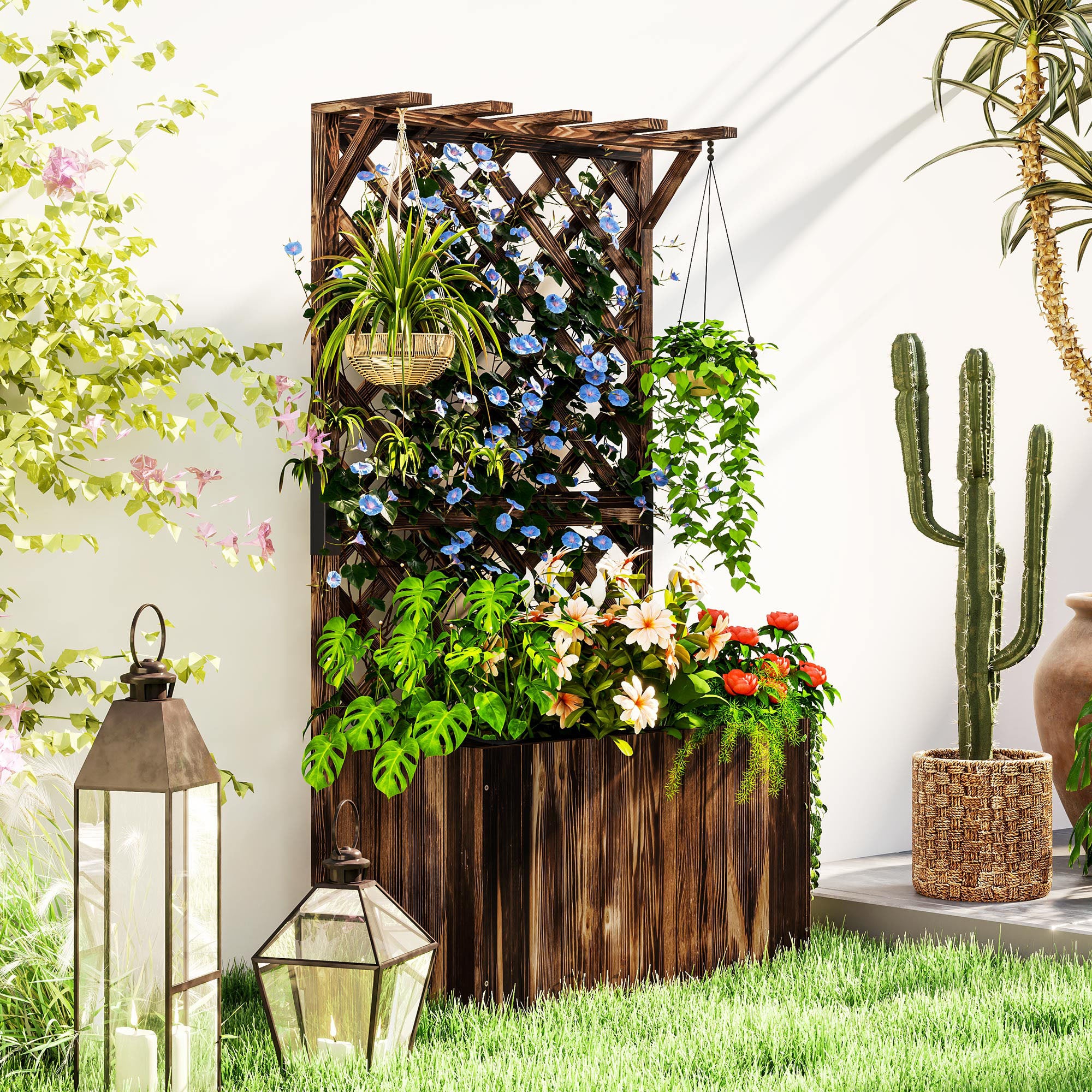 outsunny wood planter with trellis Outsunny Wooden Planter with Trellis, Freestanding Raised Garden Bed w – anydaydirect
