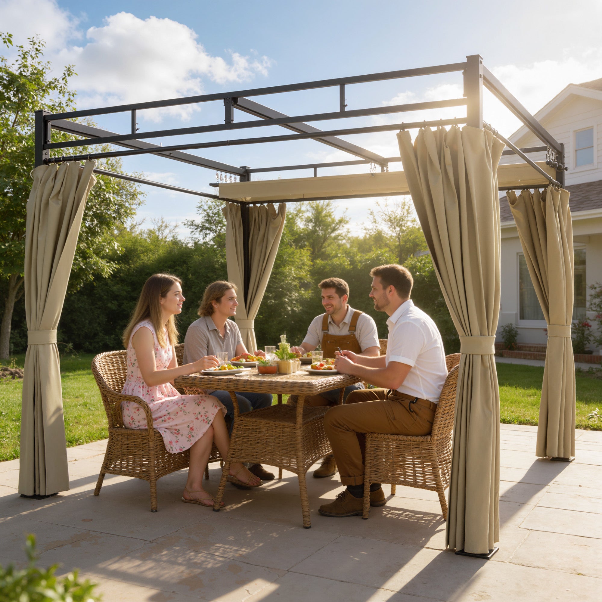 Outsunny 3 x 3 m Pergola with Retractable Roof Canopy and Curtains, UPF30+ Metal Frame Garden Pergola Gazebo Sun Shade, Khaki - anydaydirect
