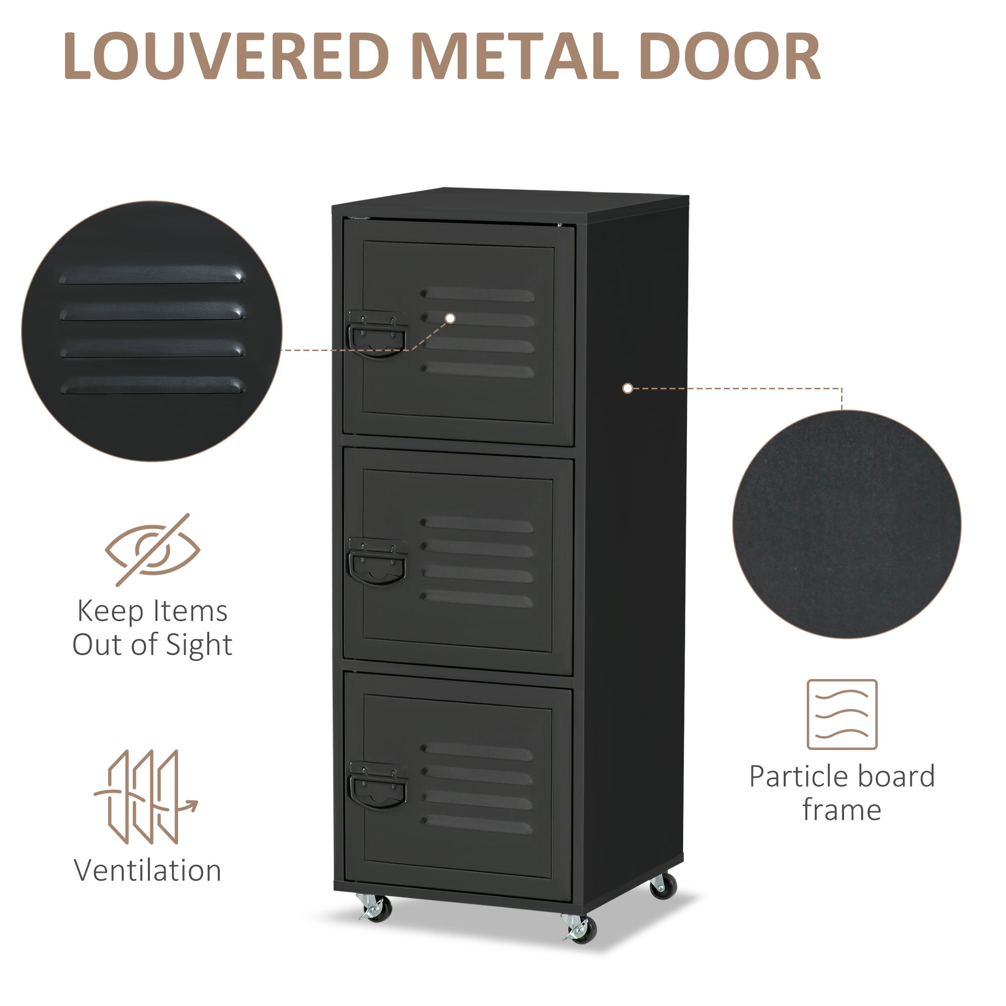 HOMCOM Rolling Storage Cabinet 3-Tier Mobile File Cabinet with Wheels & Metal Doors for Home Office, Living Room, Black - anydaydirect