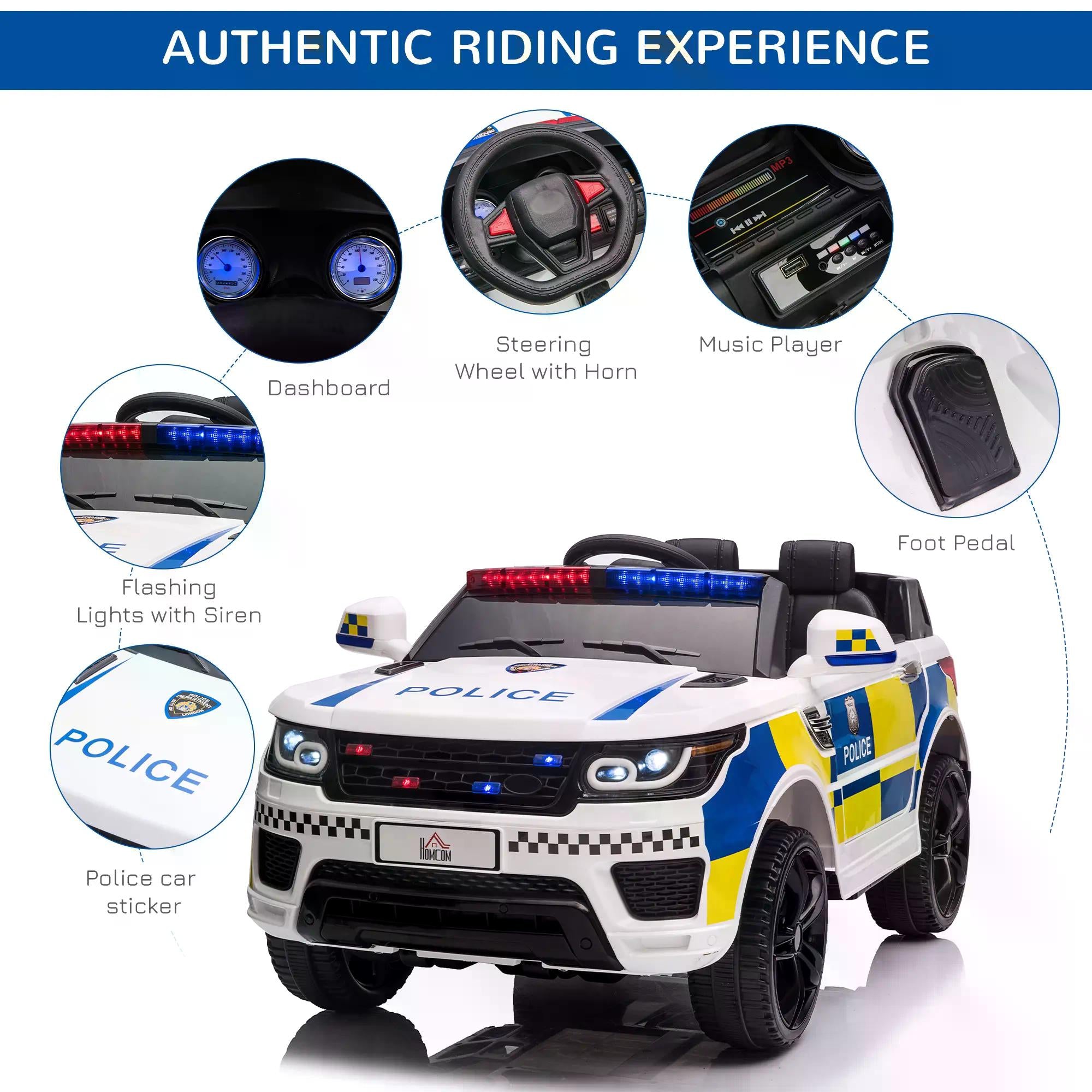 HOMCOM 12V Kids Portable Electric Ride On Police Car with Parental Remote Control Siren Flashing Lights USB Bluetooth for 3-6 Years White - anydaydirect