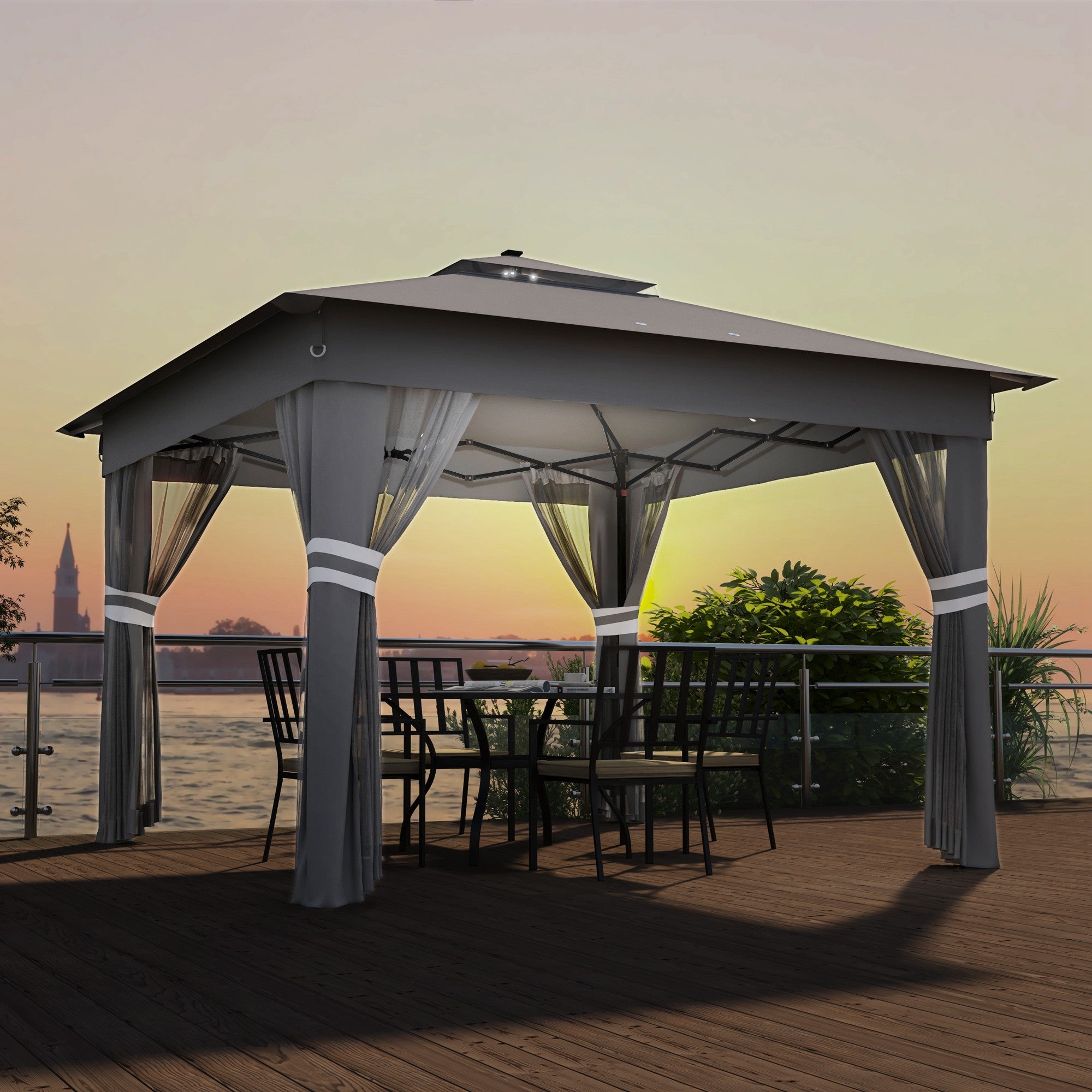 Outsunny 3 x 3(m) Pop Up Gazebo Party Tent with Solar-Powered LED Lights, Adjustable Event Shelter with Netting, Grey - anydaydirect