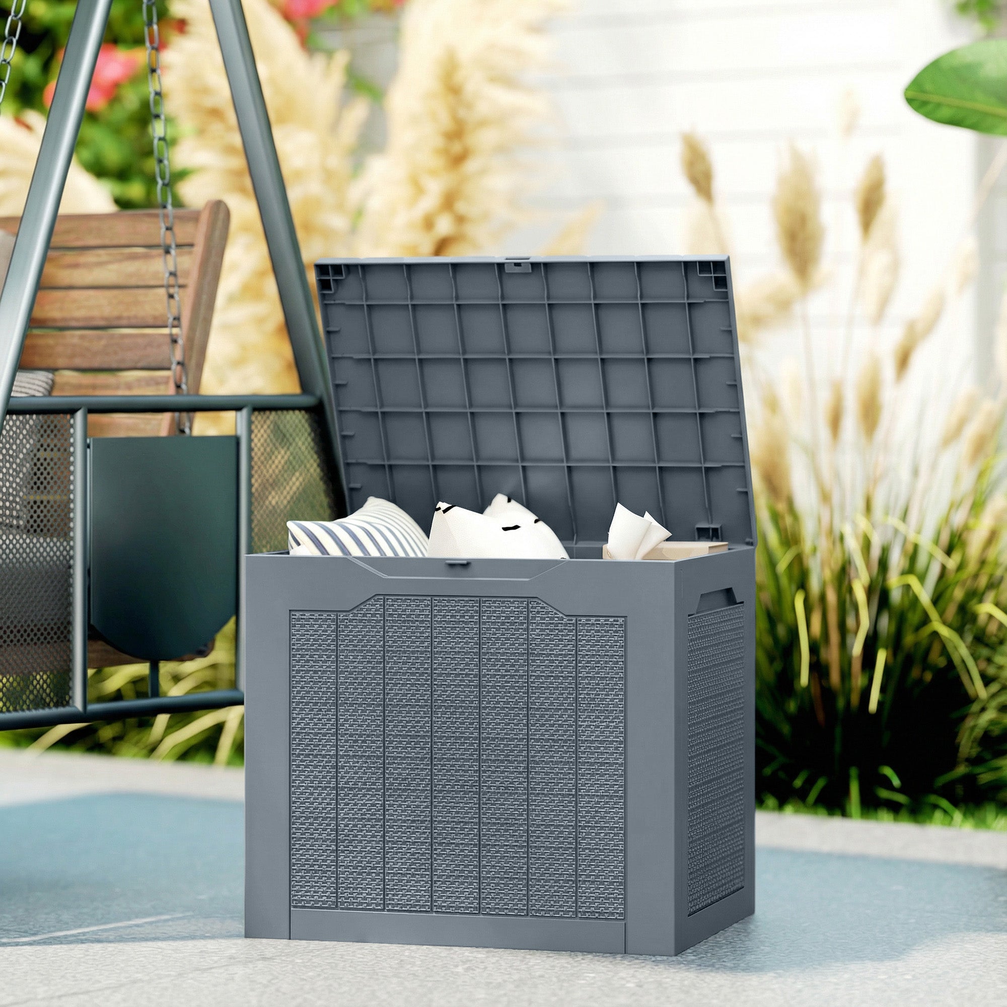 Outsunny 93L Plastic Garden Storage Box, Outdoor Storage Box with Handles, Waterproof Outdoor Storage Container, Light Grey - anydaydirect