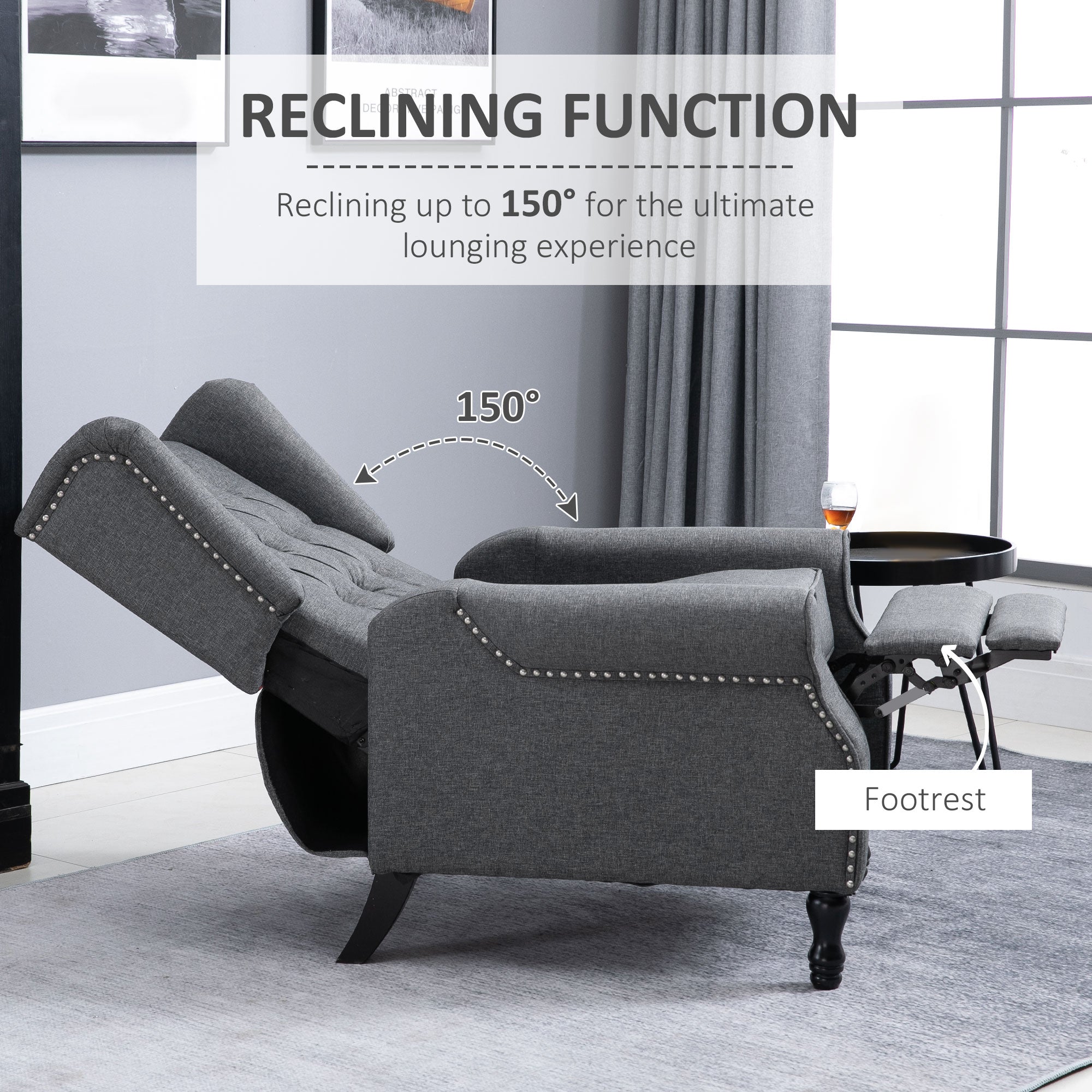HOMCOM Recliner Armchair, Vintage Reclining Chair with Nail Head Trim, Wingback Chair with Button Tufted Back and Footrest, for Living Room, Grey - anydaydirect