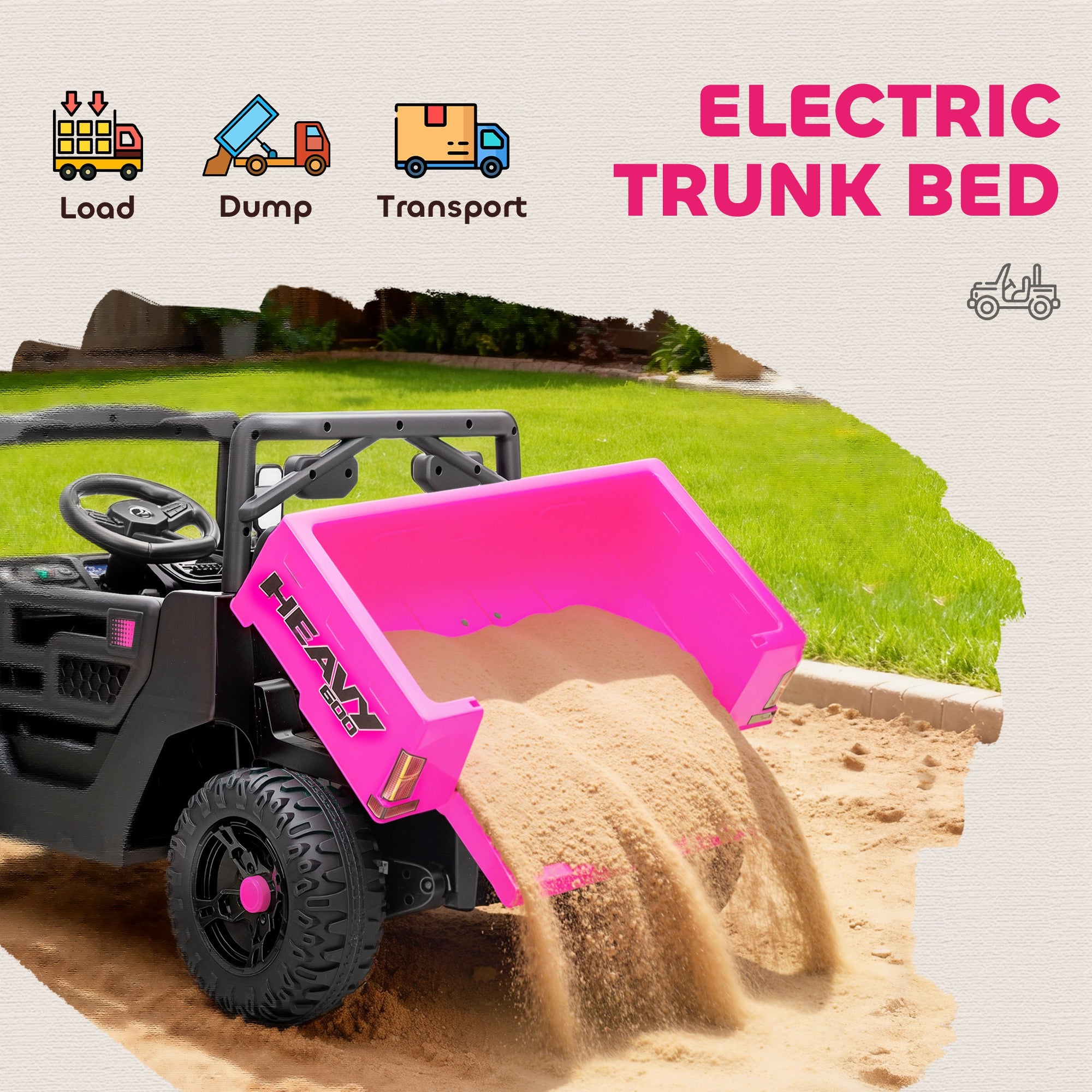AIYAPLAY Kids Ride on Car, 12V Electric Kids UTV with Electric Dump Bed, 4-Wheel Suspension for 3-8 Years, Pink - anydaydirect