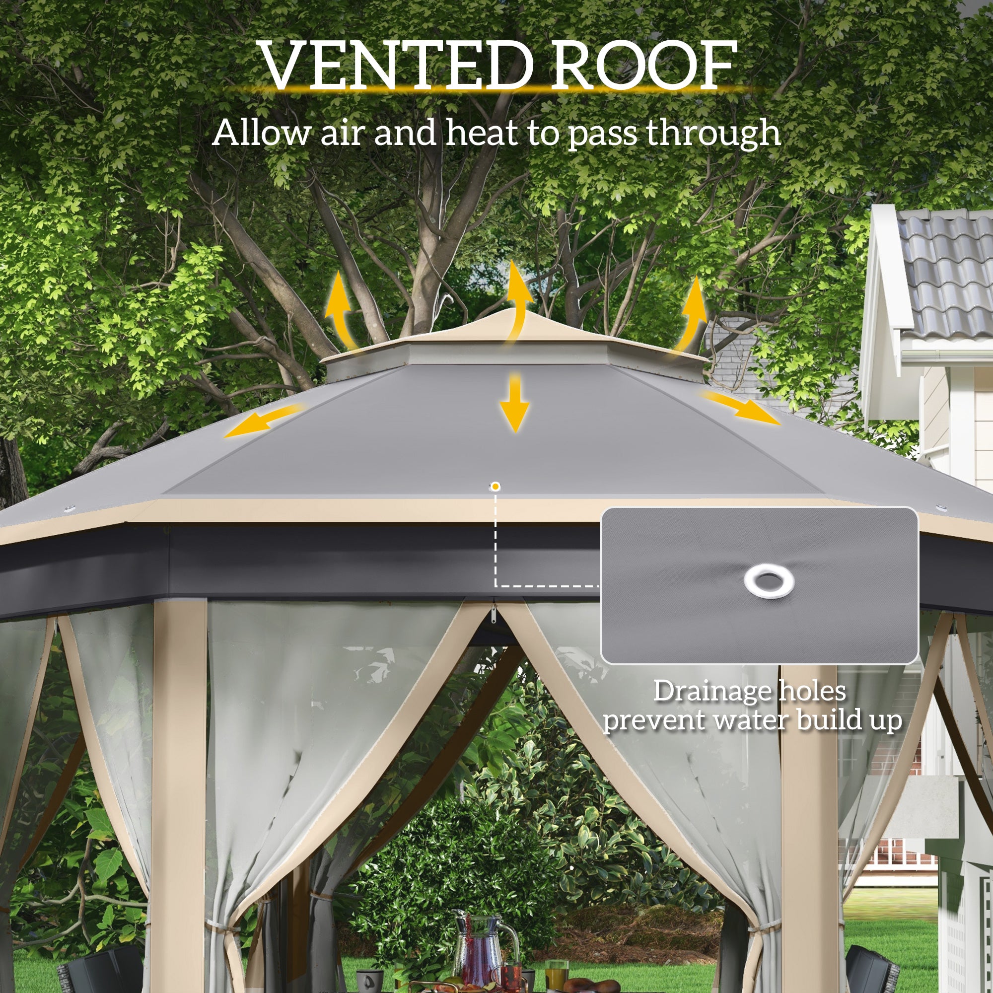 Outsunny Hexagon Pop Up Gazebo Outdoor Patio Gazebo Double Roof Instant Shelter with Netting, 3 x 4m, Khaki - anydaydirect