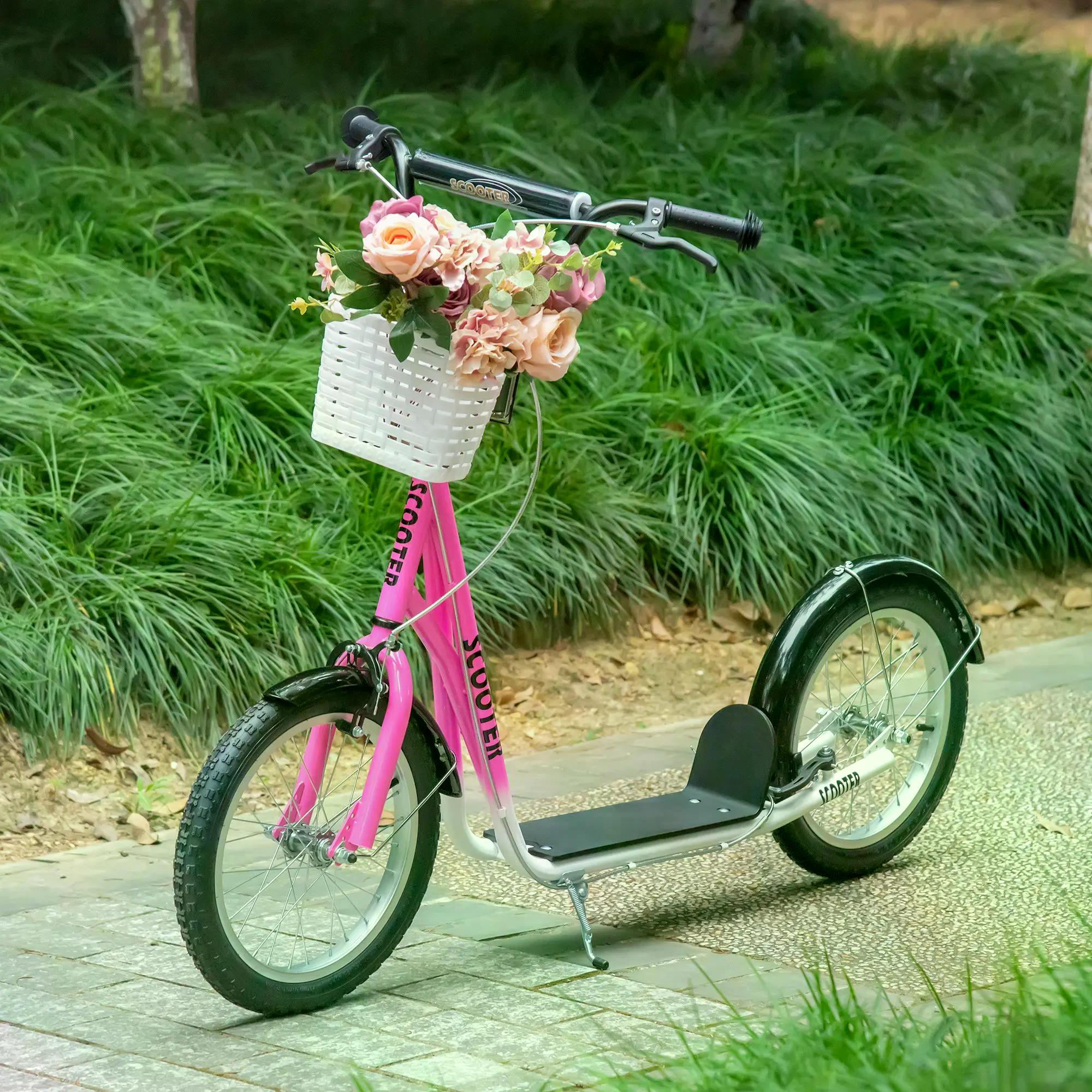 HOMCOM Kids Kick Scooter Teen Ride On Children Scooter with Adjustable Handlebar 2 Brakes Basket Cupholder Mudguard 16" Inflatable Rubber Tyres Pink - anydaydirect