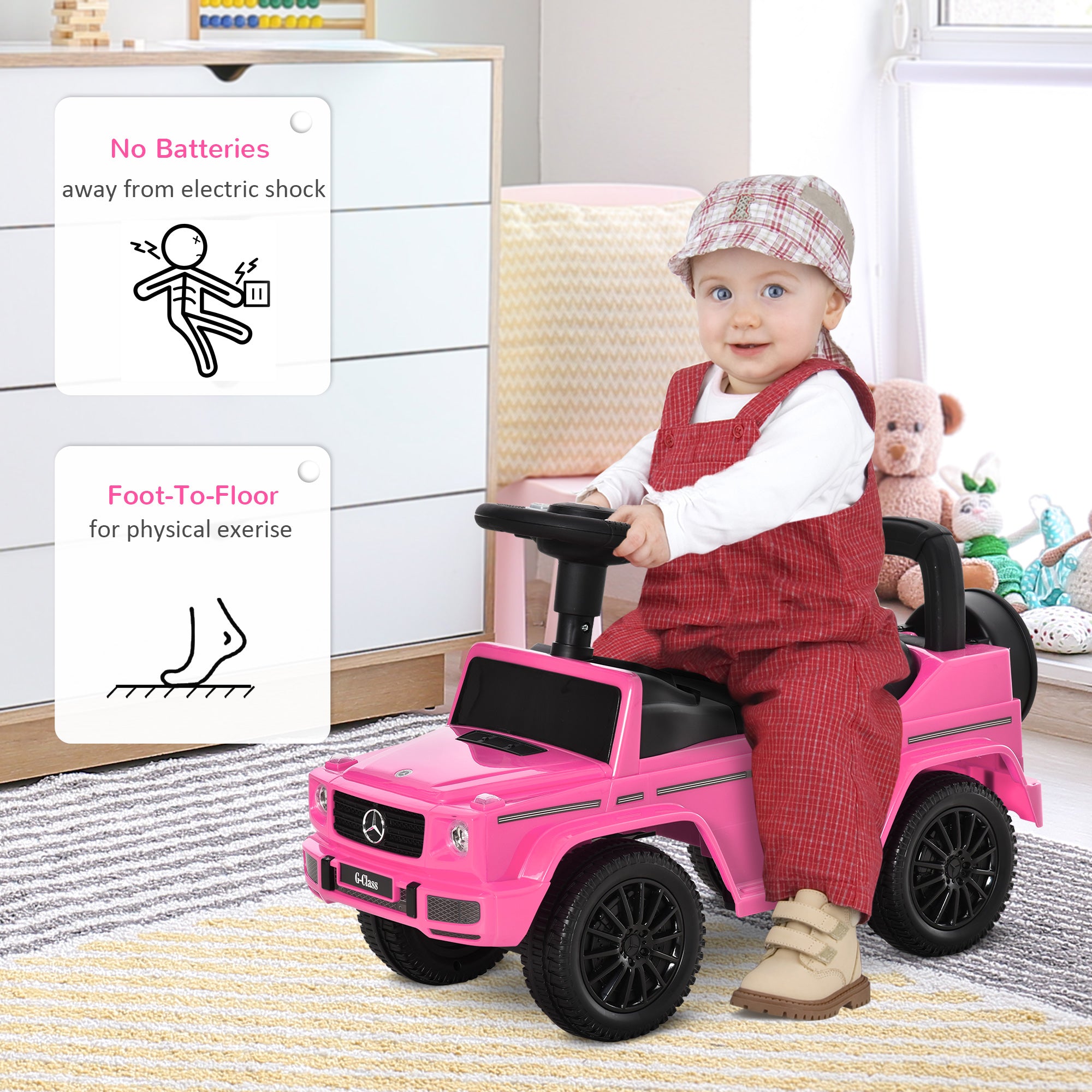 HOMCOM Aosom Compatible Baby Push Handle Sliding Car Mercedes-Benz G350 Licensed Foot to Floor Slider w/ Horn Under Seat Storage Pink - anydaydirect